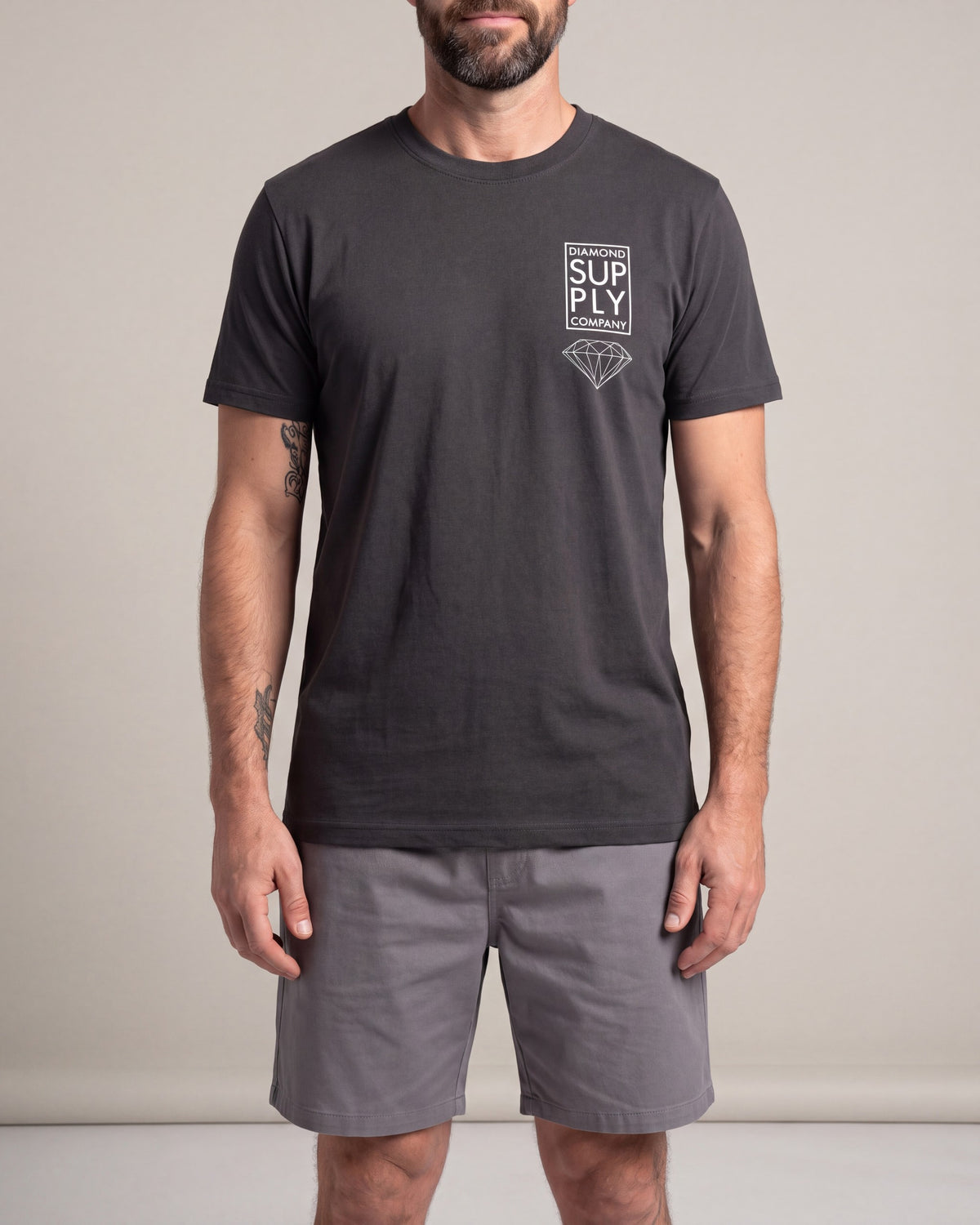 Diamond Supply Stacked SS tees — Charcoal — model front