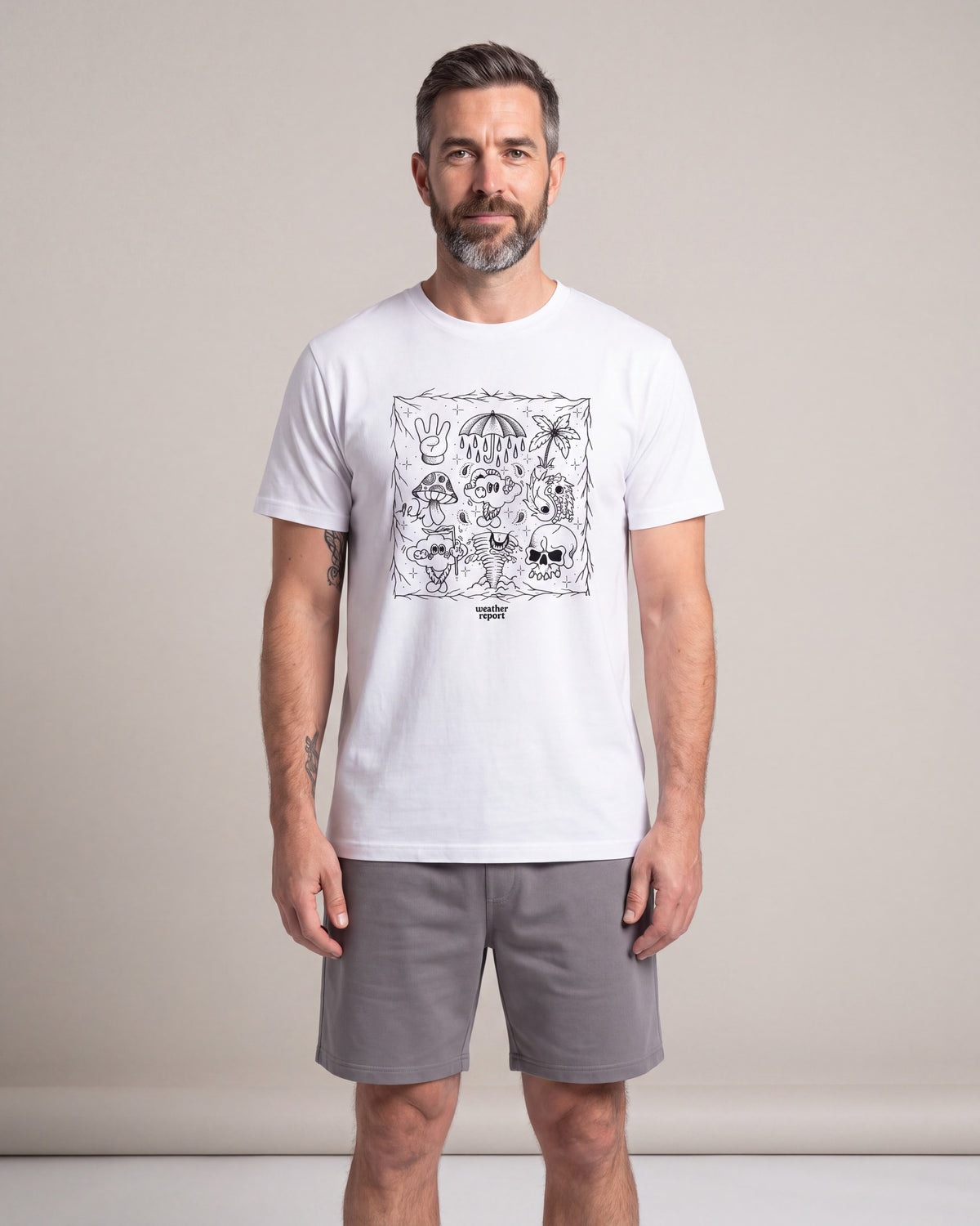 Weather Report Doodle SS tees — White — model front