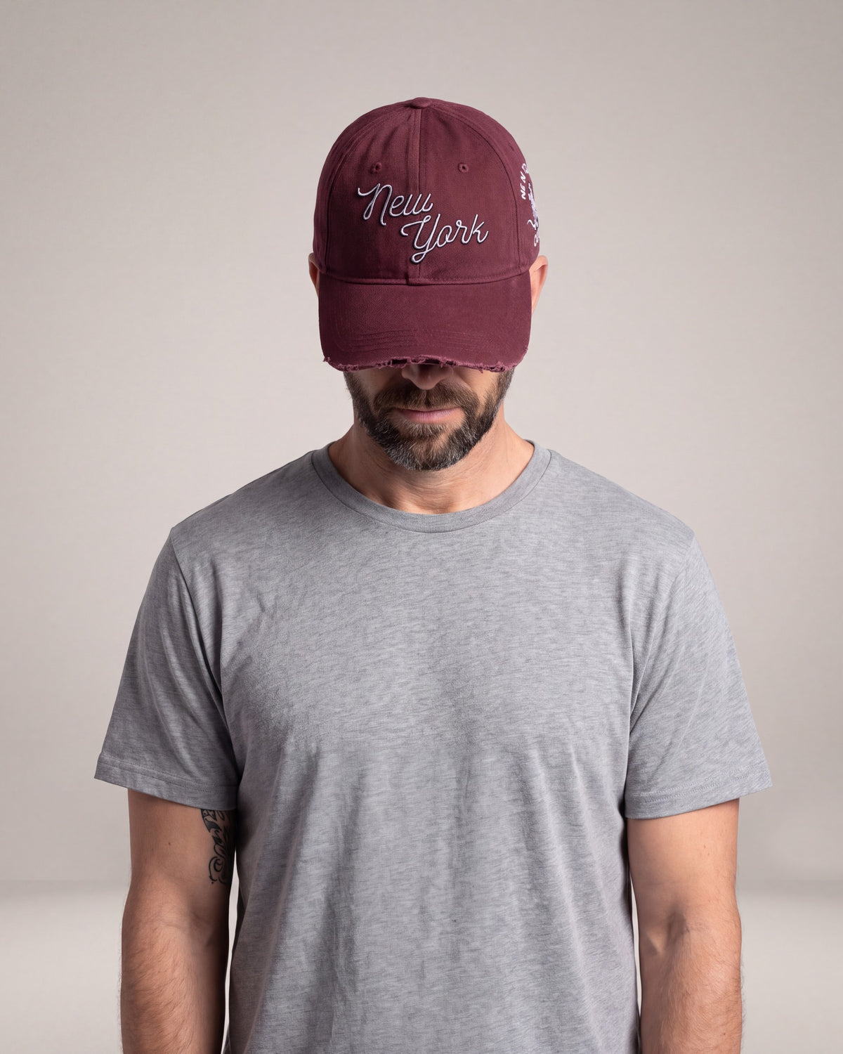 O15 NY Baseball Dad hats — Burgundy — model front
