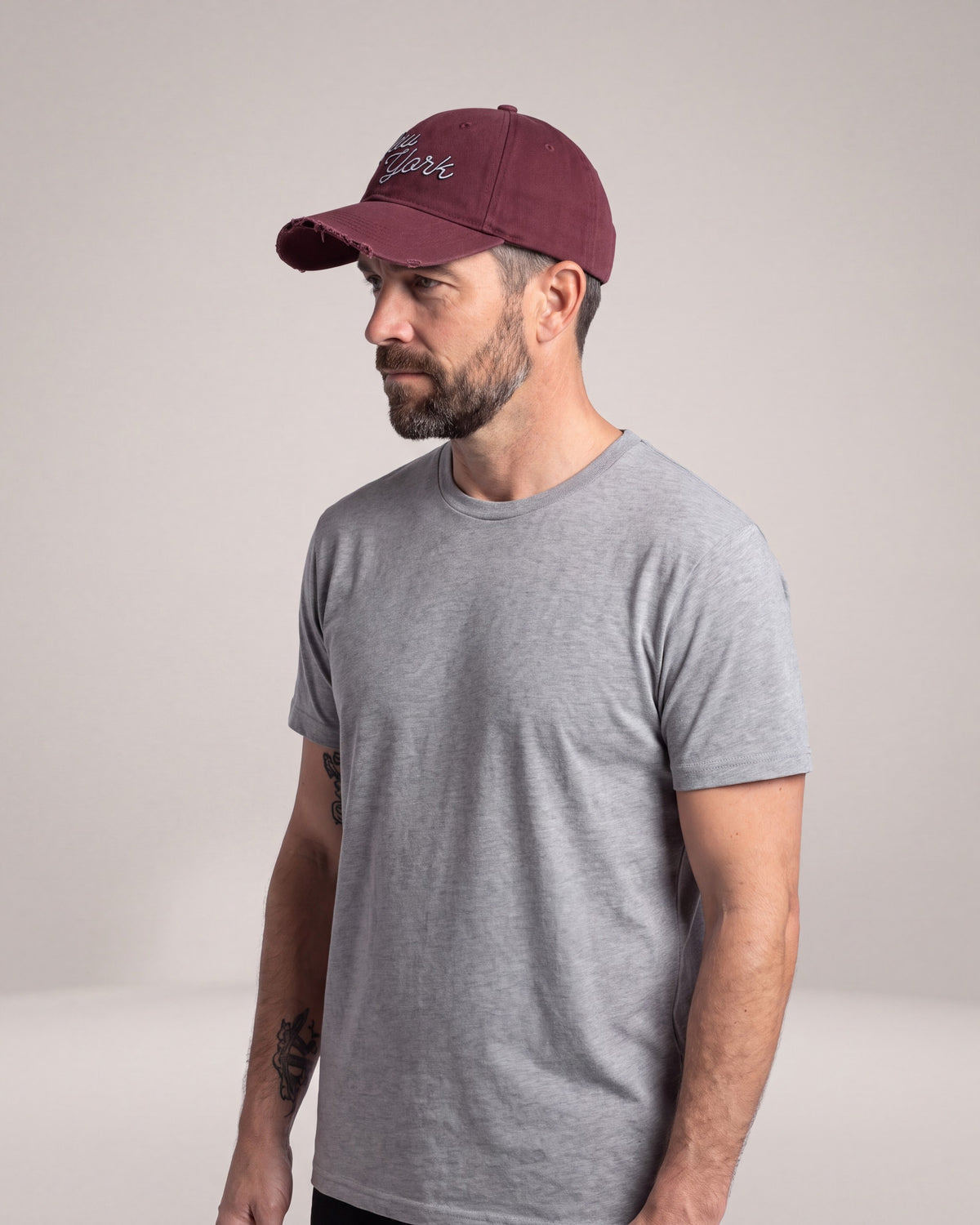 O15 NY Baseball Dad hats — Burgundy — model side