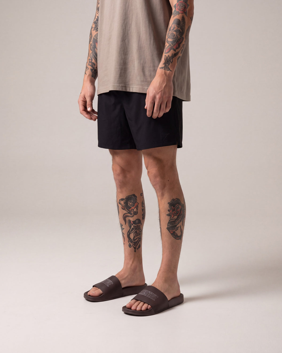 Primitive Collegiate Slides — Brown — model side