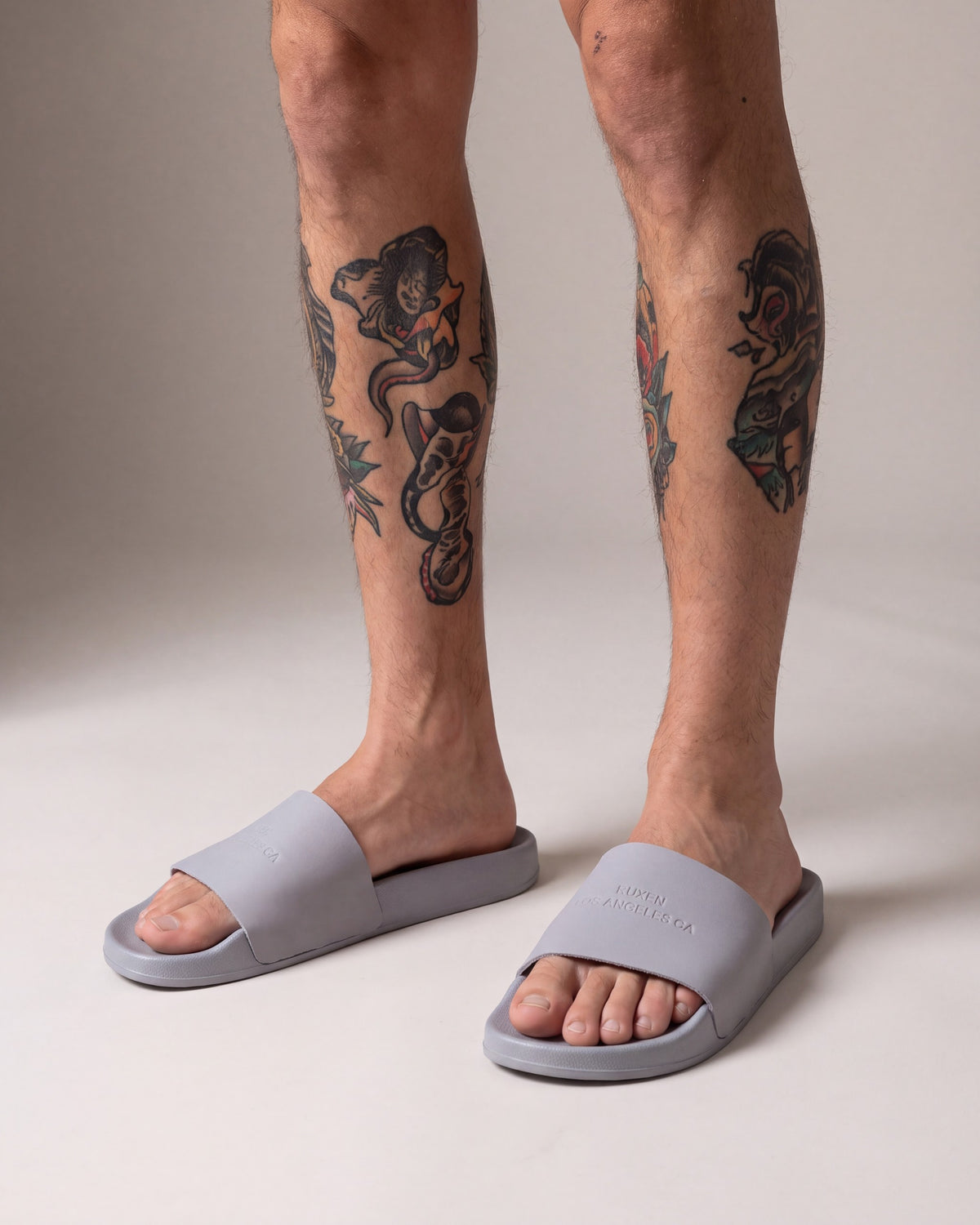 Ruxen LA Slides — Silver Grey — model angle