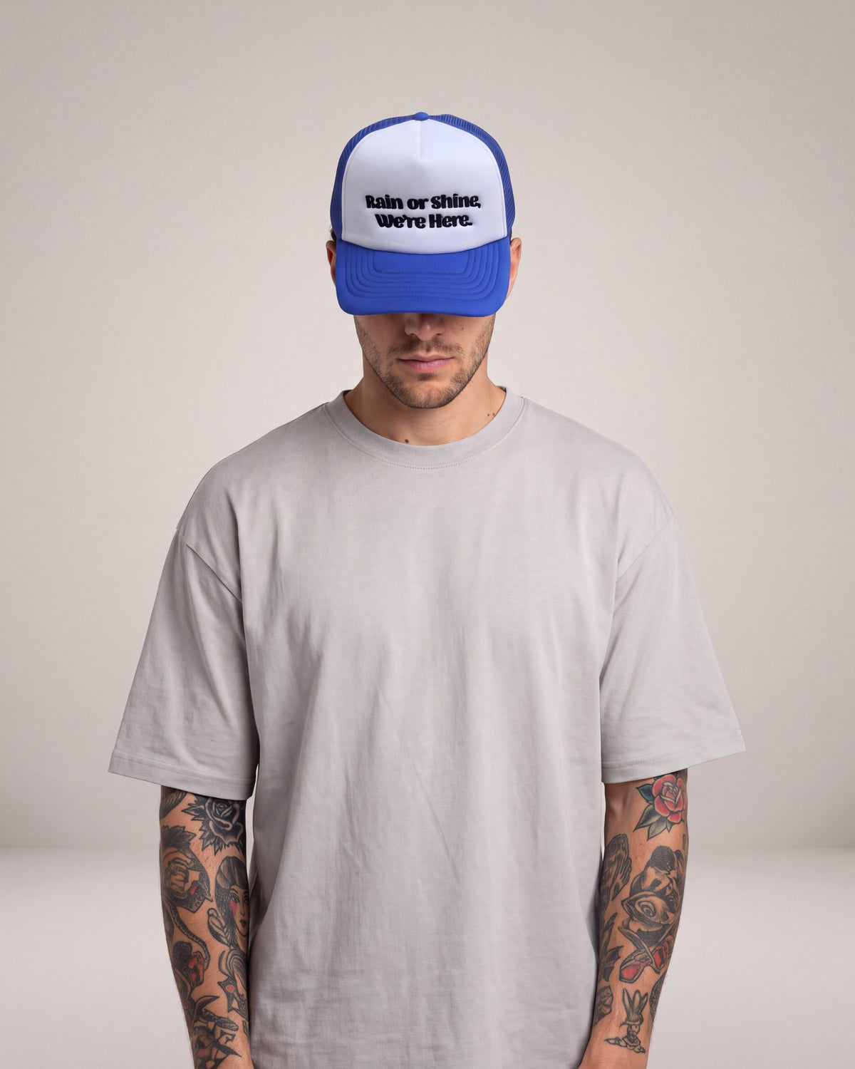 Weather Report Rain Or Shine Trucker hats — Blue/White — model front