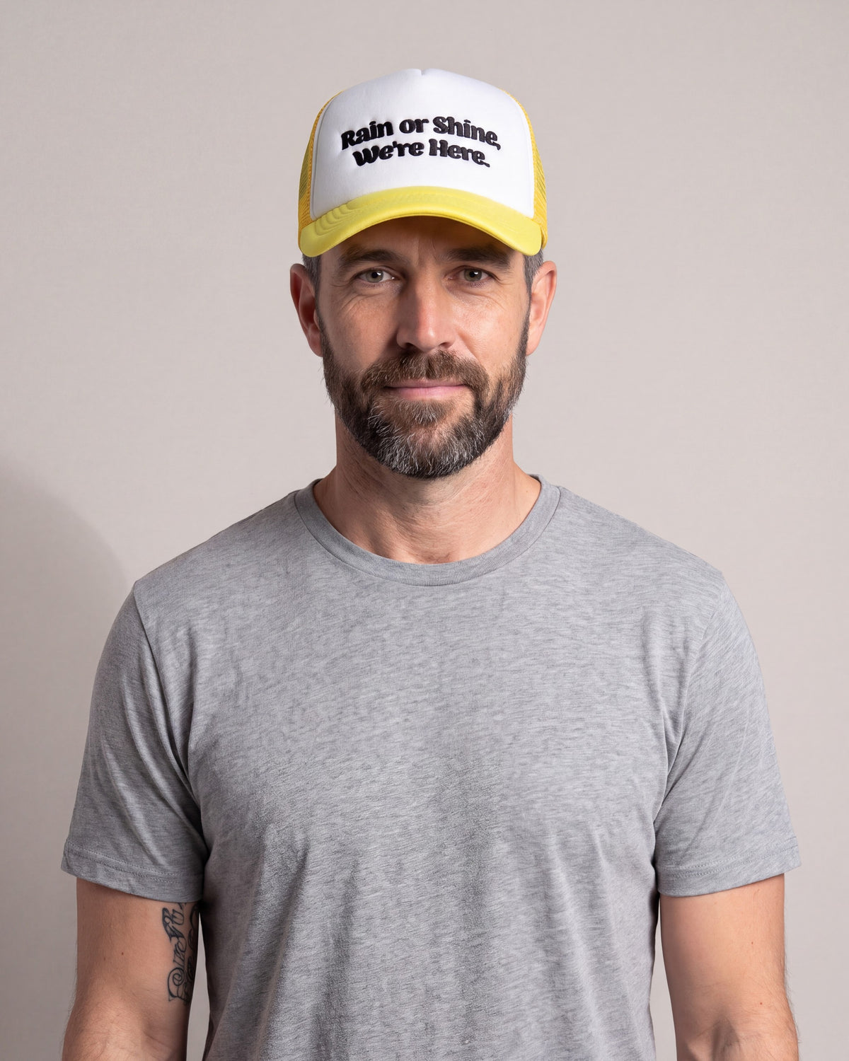Weather Report Rain Or Shine Trucker hats — Yellow/White — model front