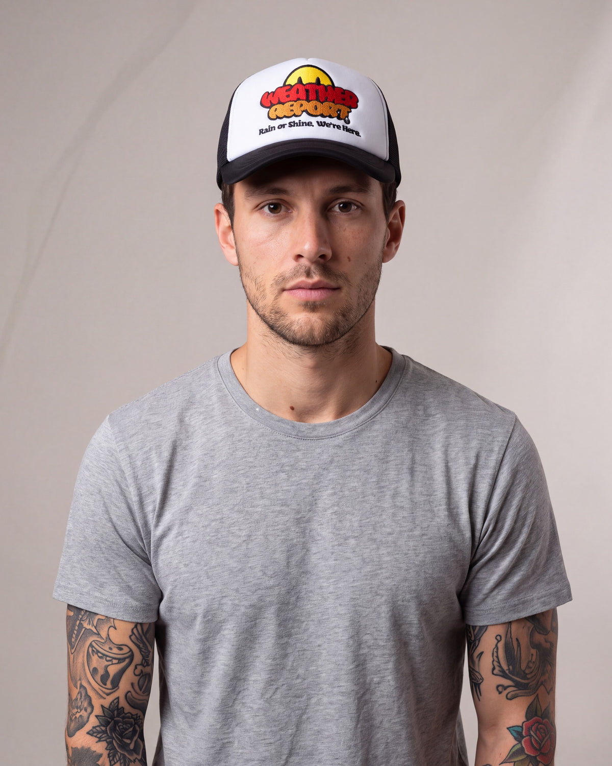Weather Report Emoji Trucker hats — Black/White — model front