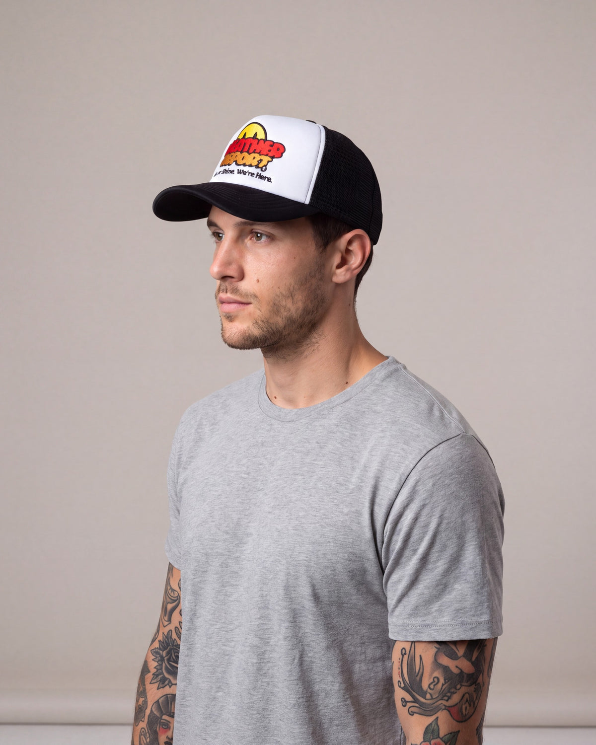 Weather Report Emoji Trucker hats — Black/White — model side