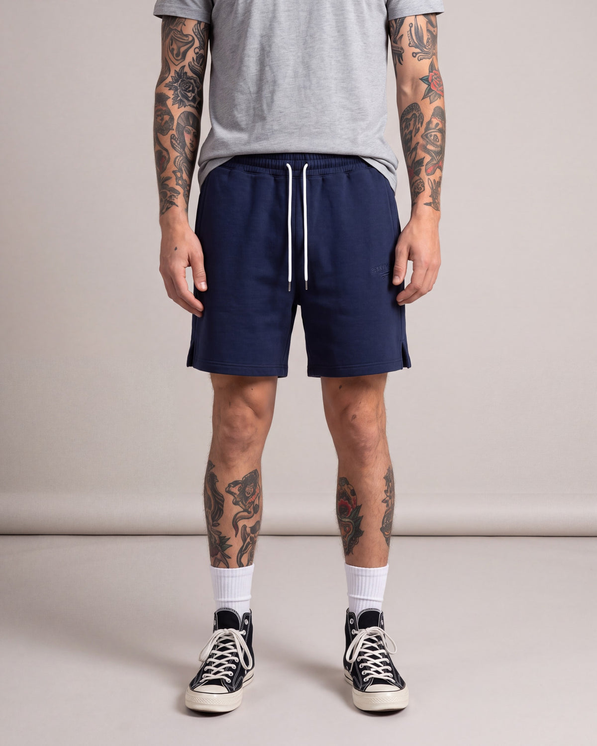 Benny Gold Fleece Shorts — Navy — model front