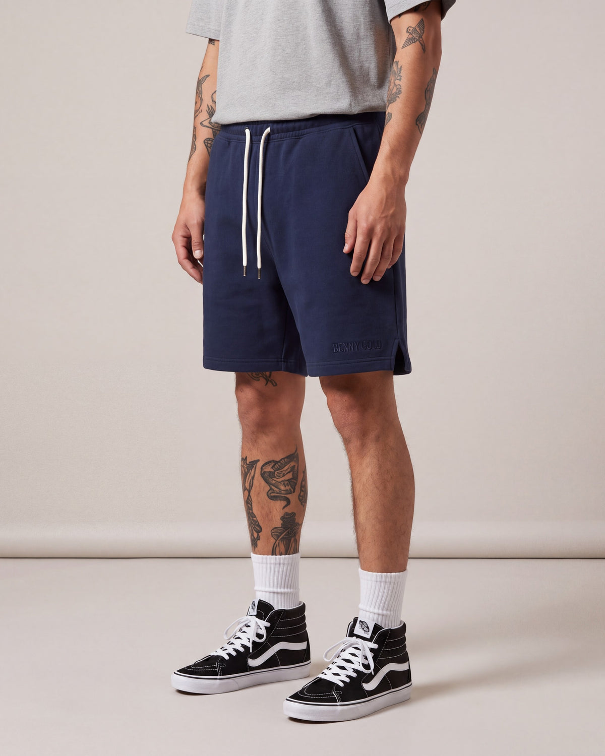 Benny Gold Fleece Shorts — Navy — model side