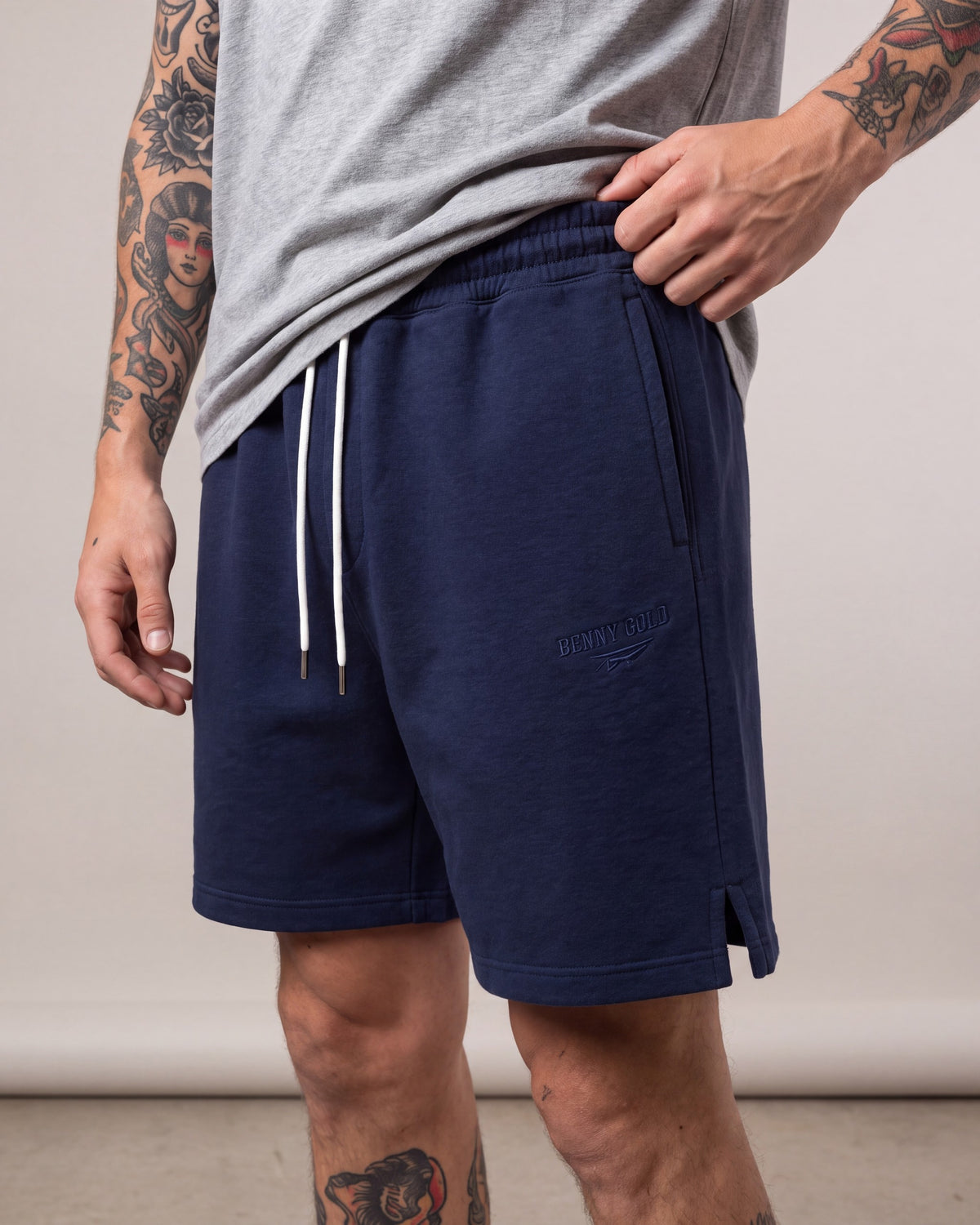 Benny Gold Fleece Shorts — Navy — model detail