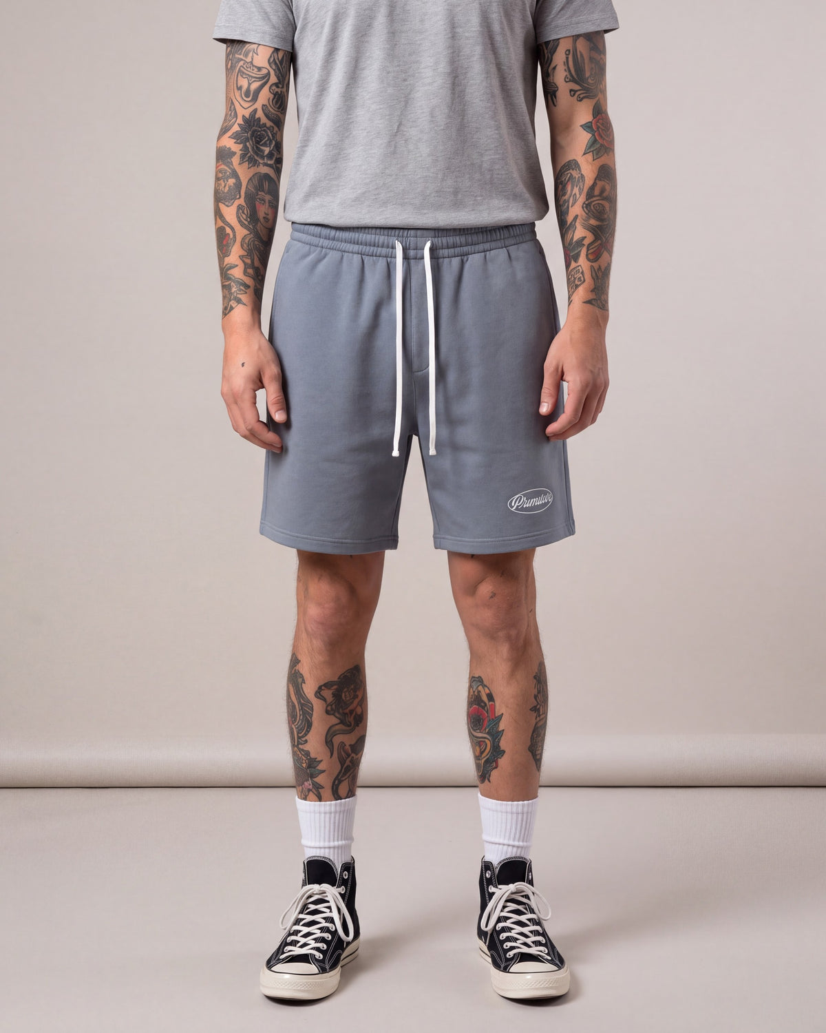 Primitive Luke Script Fleece Shorts — Blue — model front