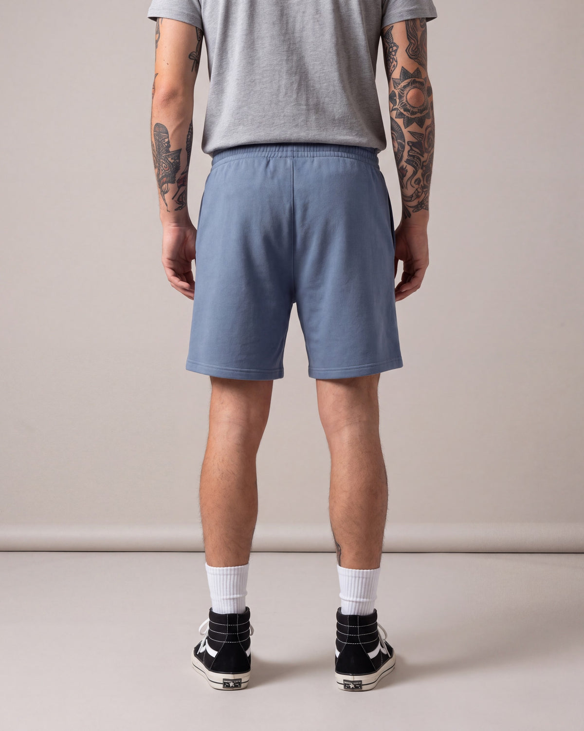 Primitive Luke Script Fleece Shorts — Blue — model back