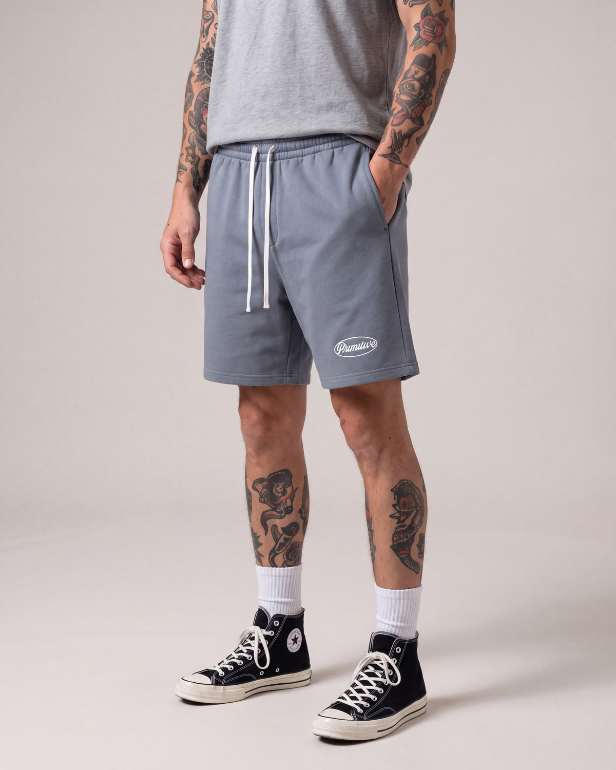 Primitive Luke Script Fleece Shorts — Blue — model side