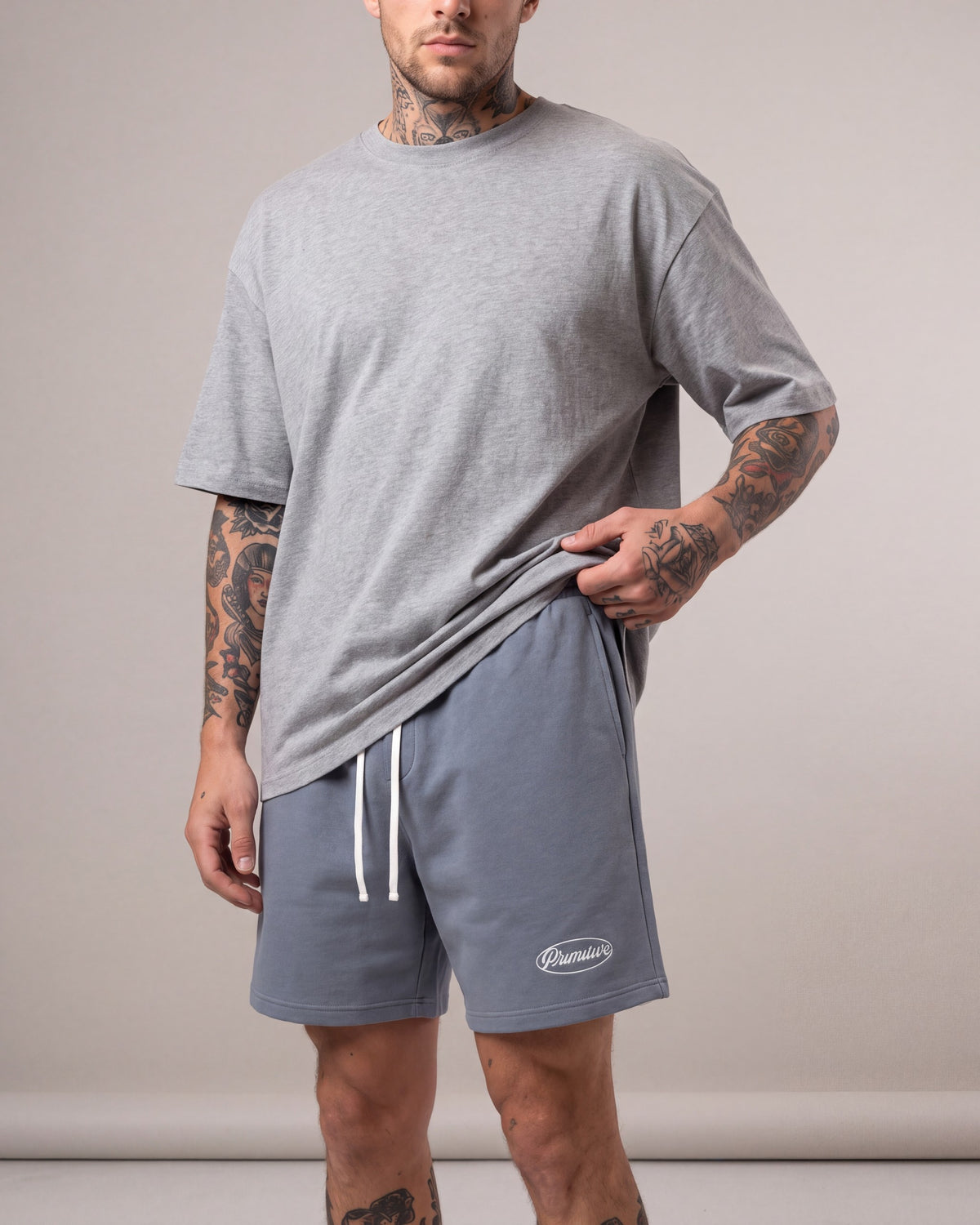 Primitive Luke Script Fleece Shorts — Blue — model detail