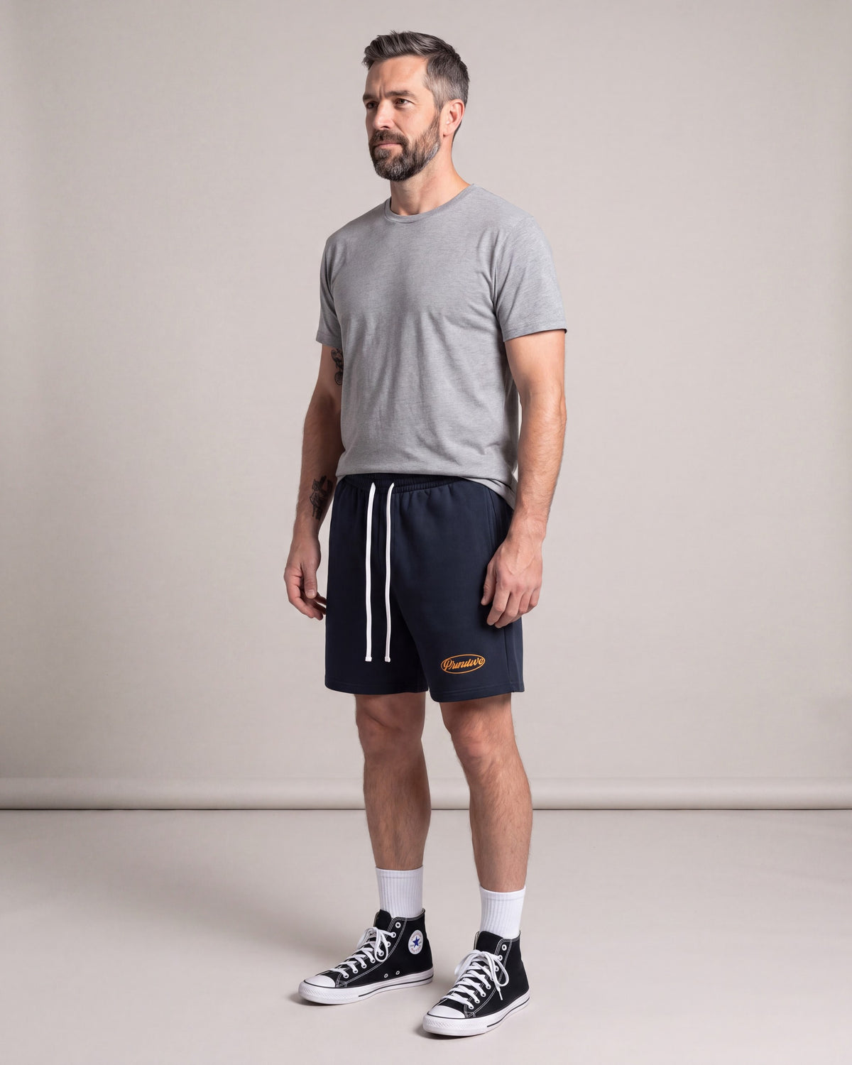 Primitive Luke Script Fleece Shorts — Navy — model side