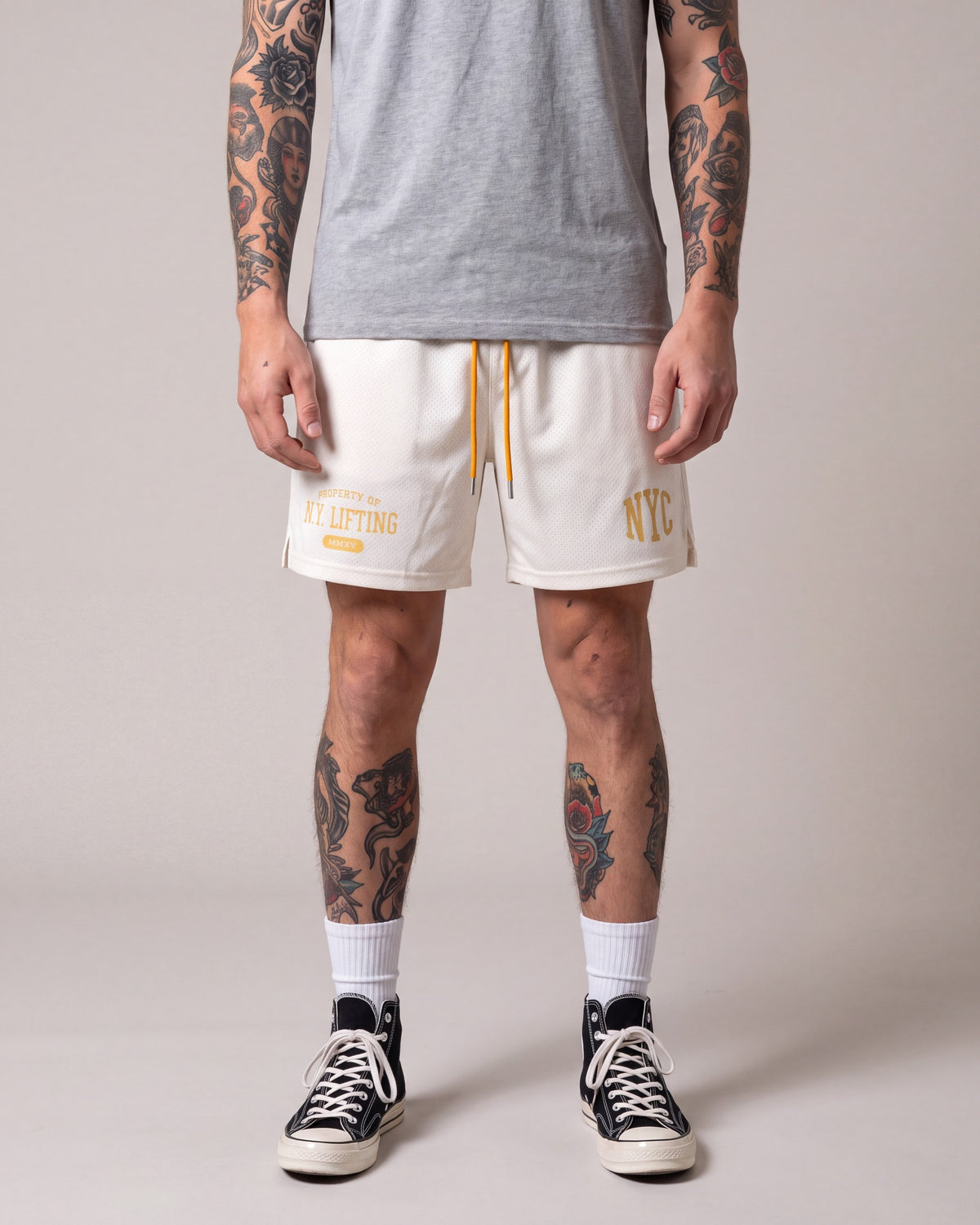 Ruxen NYC Mesh Shorts — White — model front