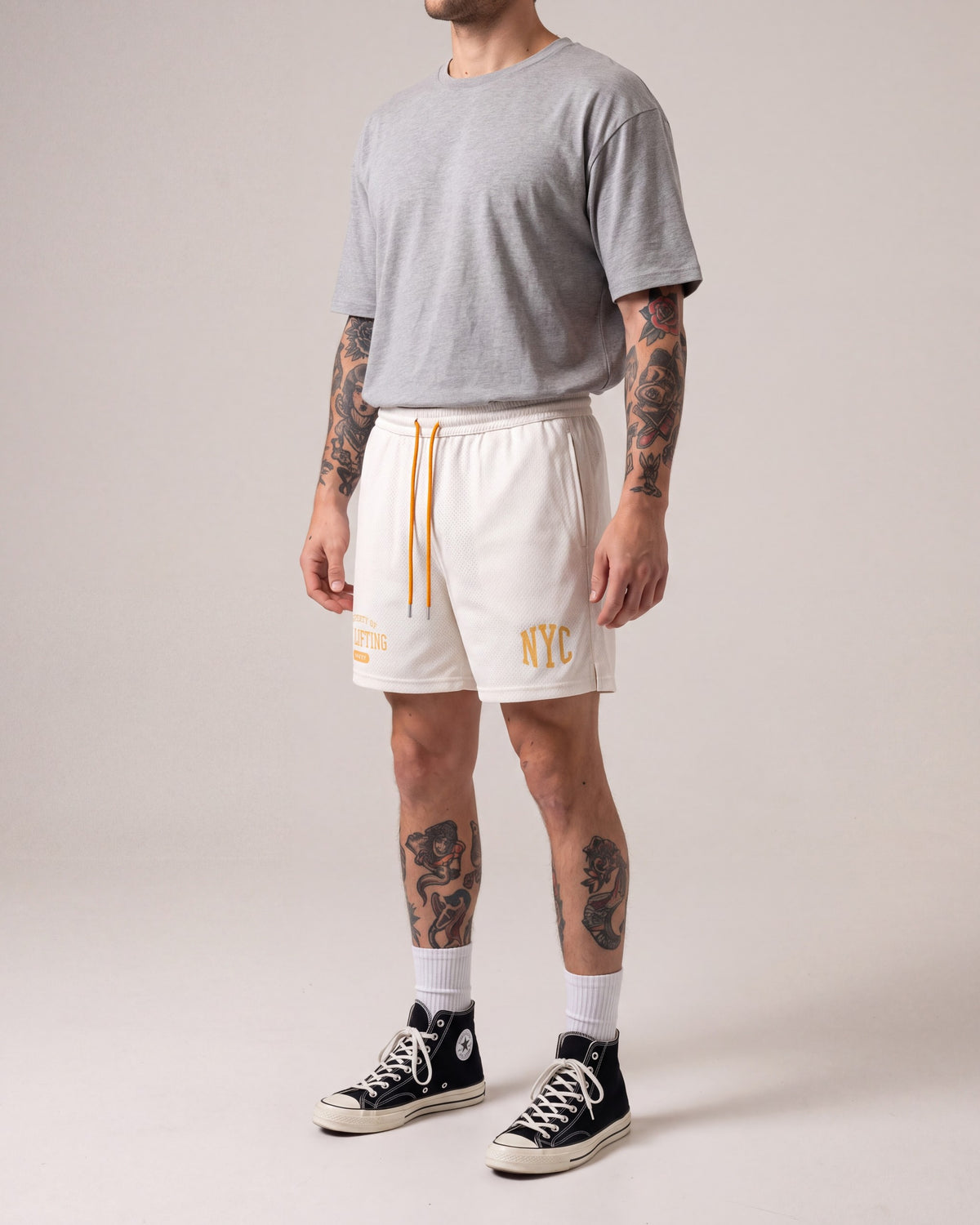 Ruxen NYC Mesh Shorts — White — model side