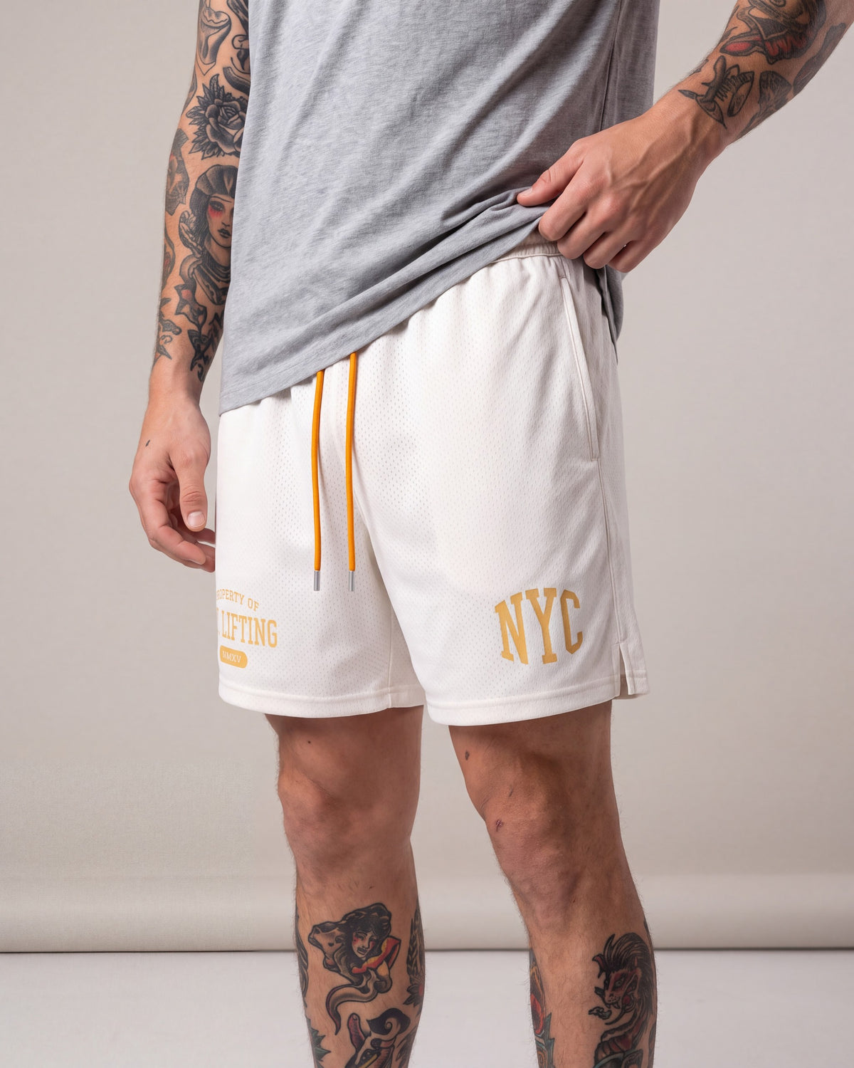 Ruxen NYC Mesh Shorts — White — model detail