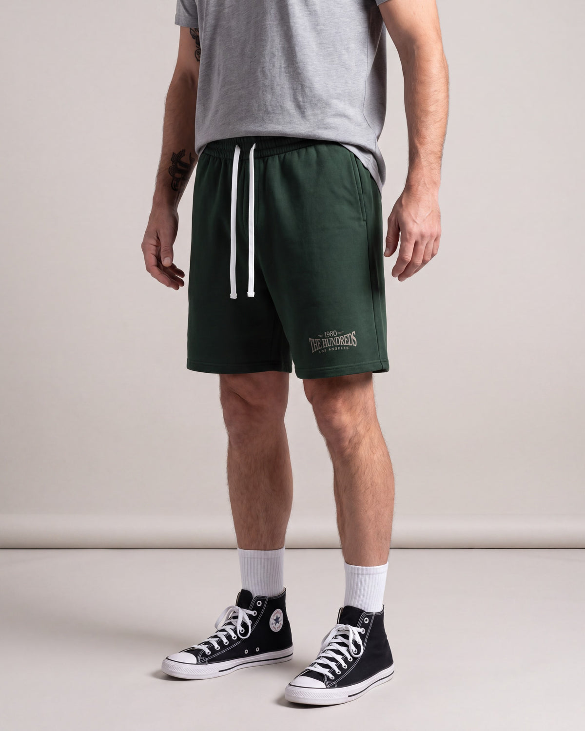 The Hundreds All Star Fleece Shorts — Green — model side