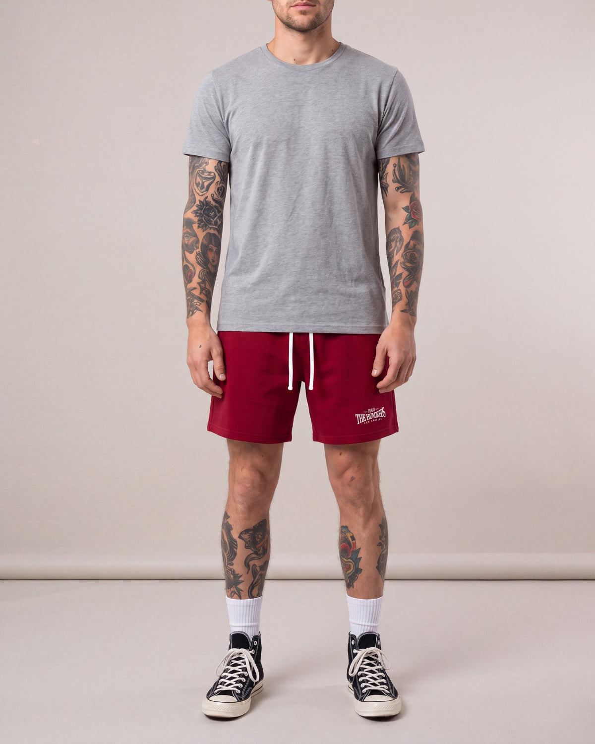 The Hundreds All Star Fleece Shorts — Red — model front