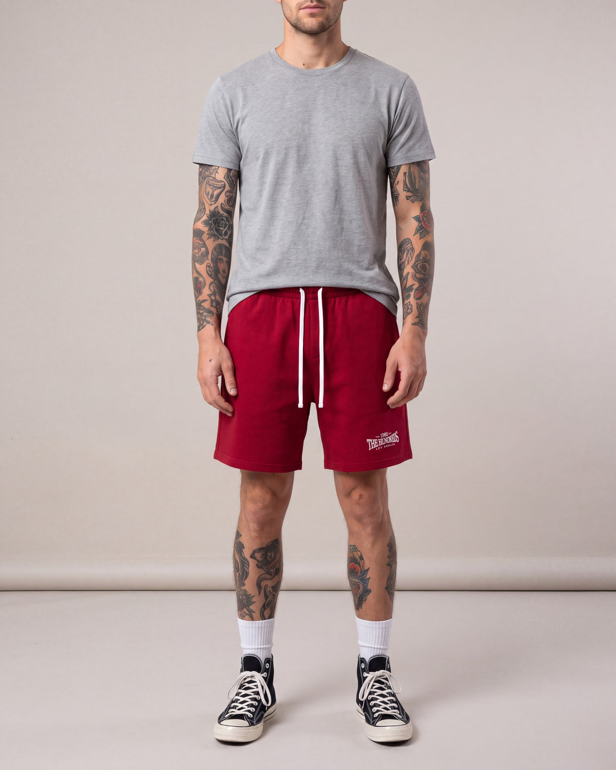 The Hundreds All Star Fleece Shorts — Red — model back