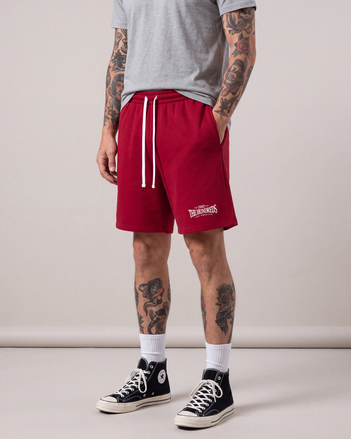 The Hundreds All Star Fleece Shorts — Red — model side