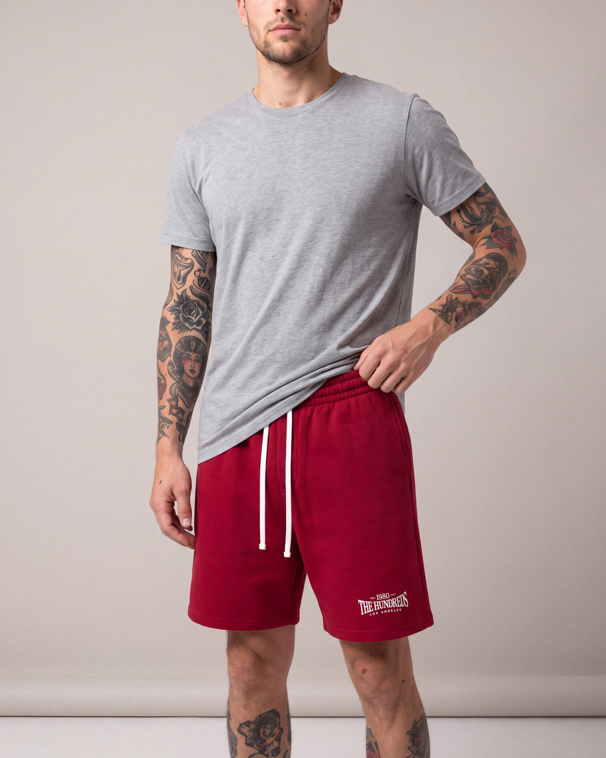 The Hundreds All Star Fleece Shorts — Red — model detail