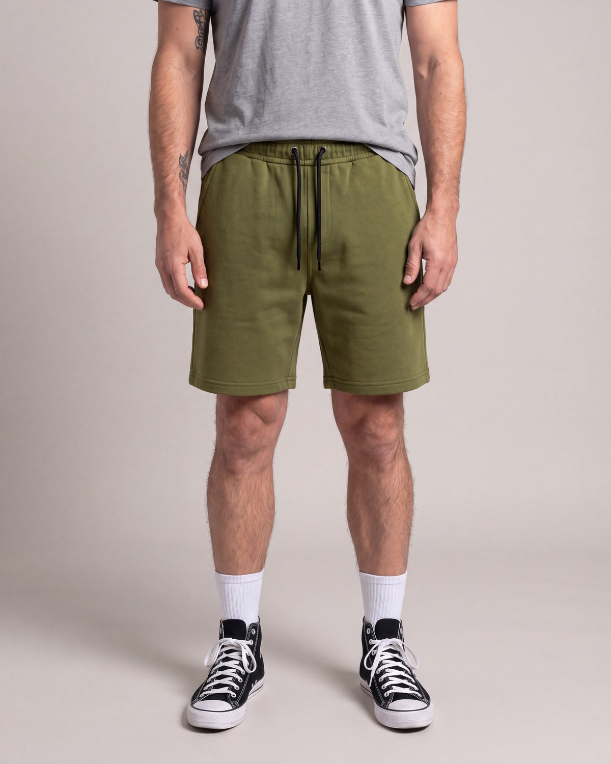 Arthur Beale Basic Sweat Shorts — Olive — model front