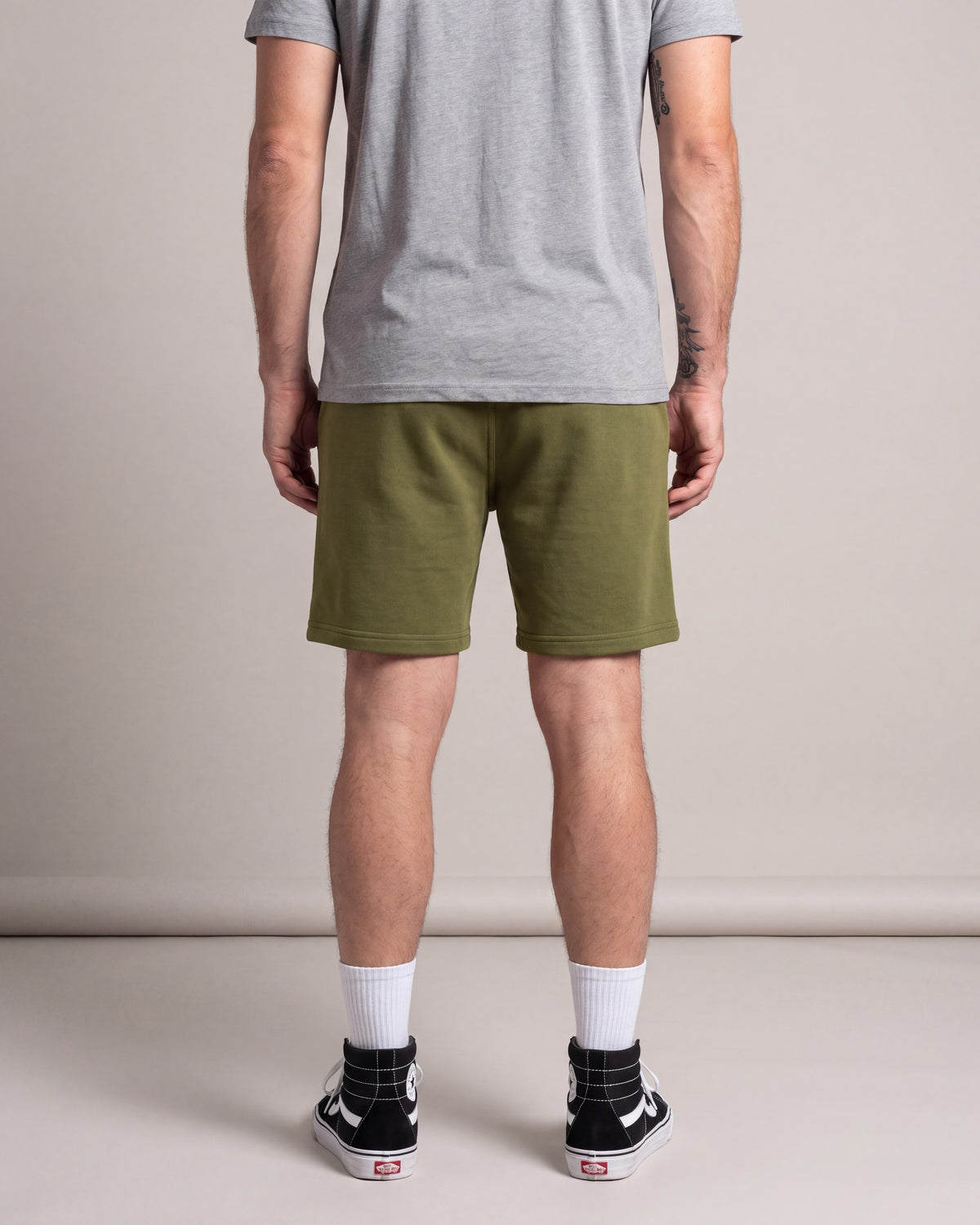 Arthur Beale Basic Sweat Shorts — Olive — model back