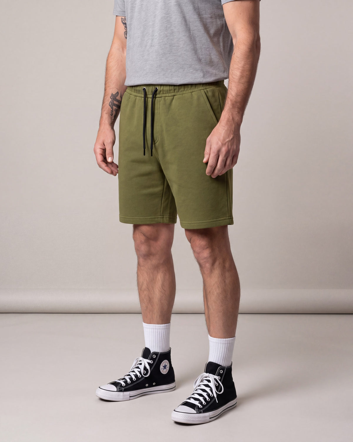Arthur Beale Basic Sweat Shorts — Olive — model side