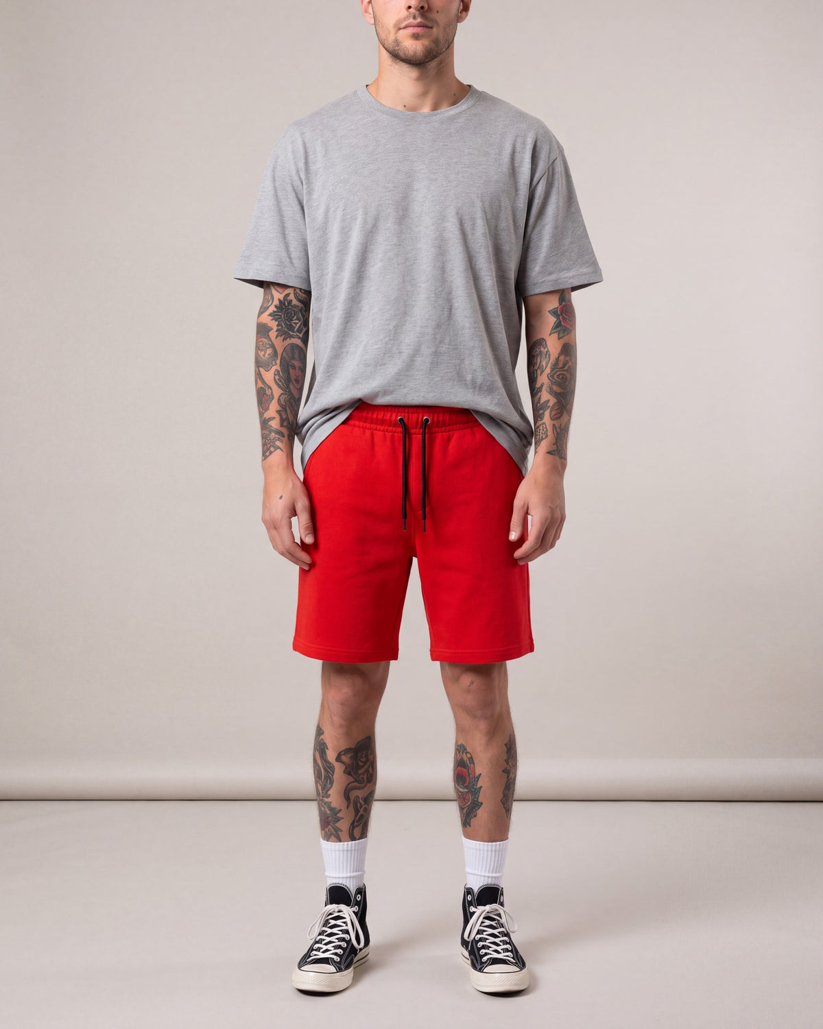 Arthur Beale Basic Sweat Shorts — Red — model front
