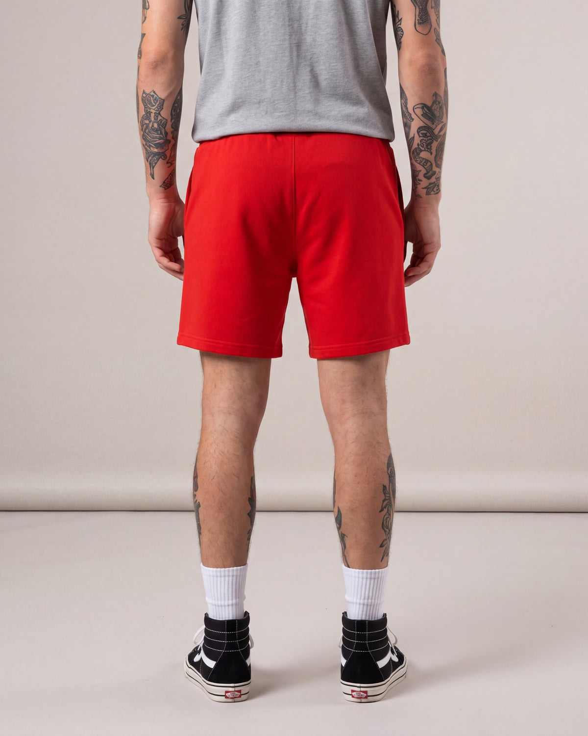 Arthur Beale Basic Sweat Shorts — Red — model back
