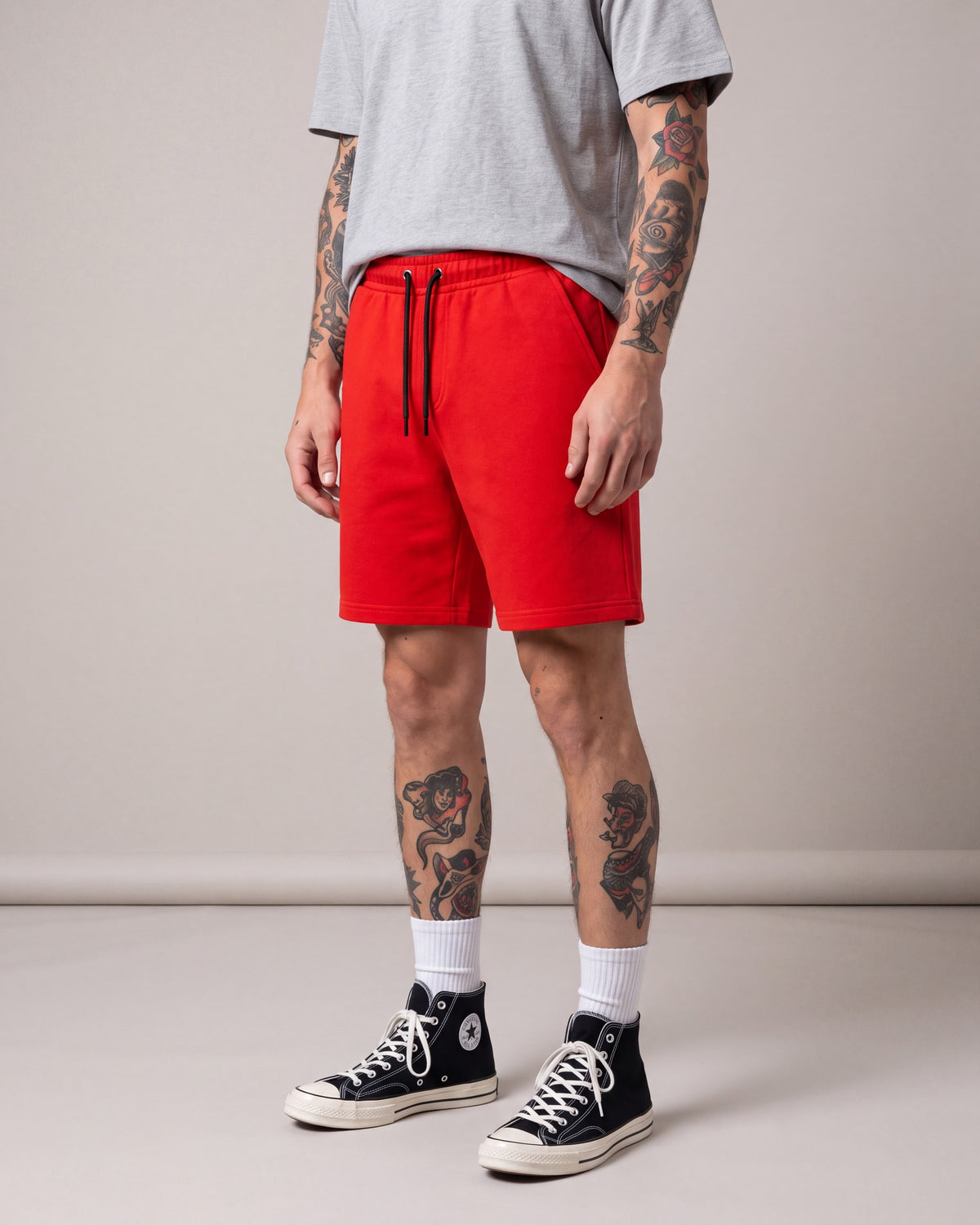 Arthur Beale Basic Sweat Shorts — Red — model side
