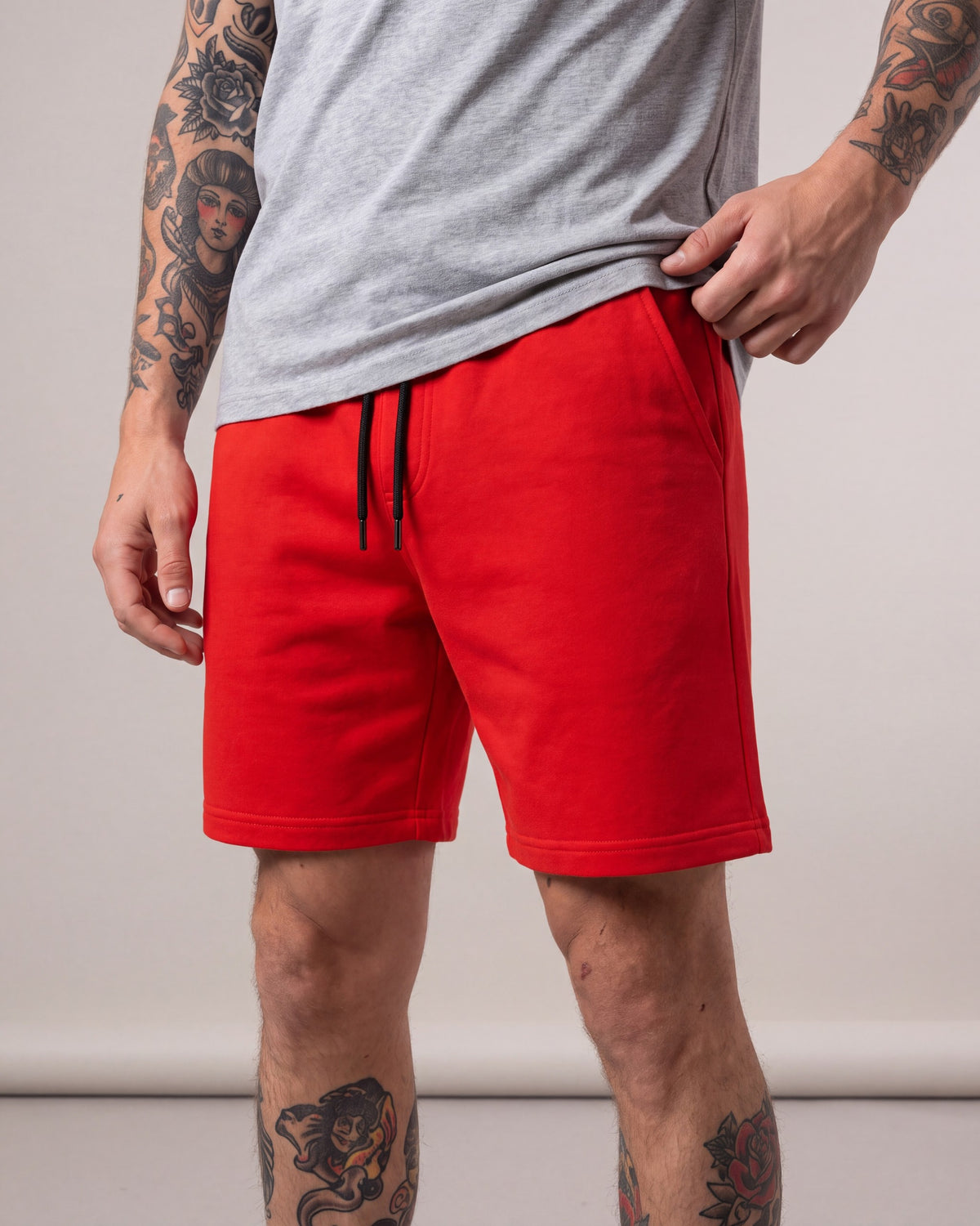 Arthur Beale Basic Sweat Shorts — Red — model detail