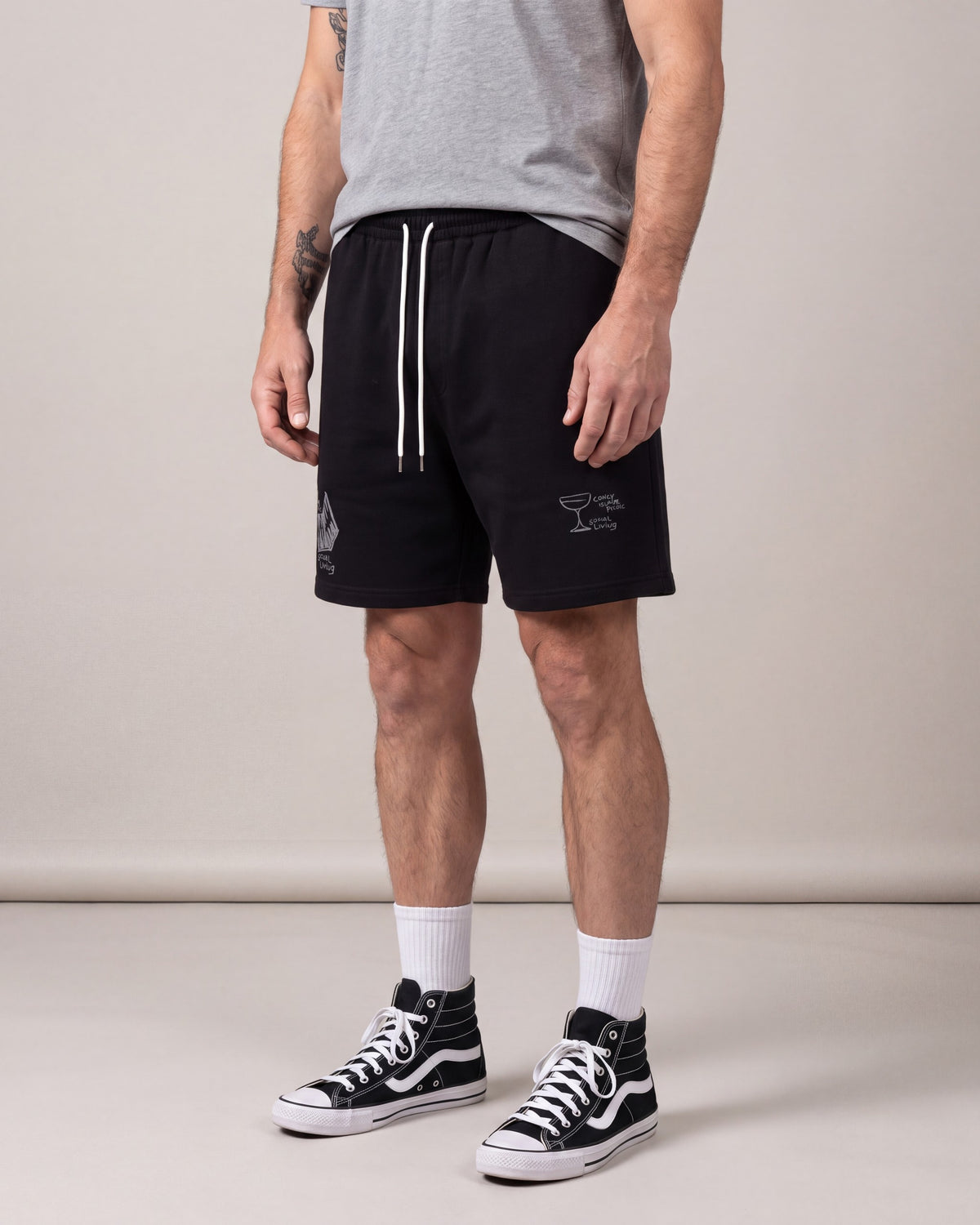 Coney Island Picnic Social Living Sweat Shorts — Black — model side