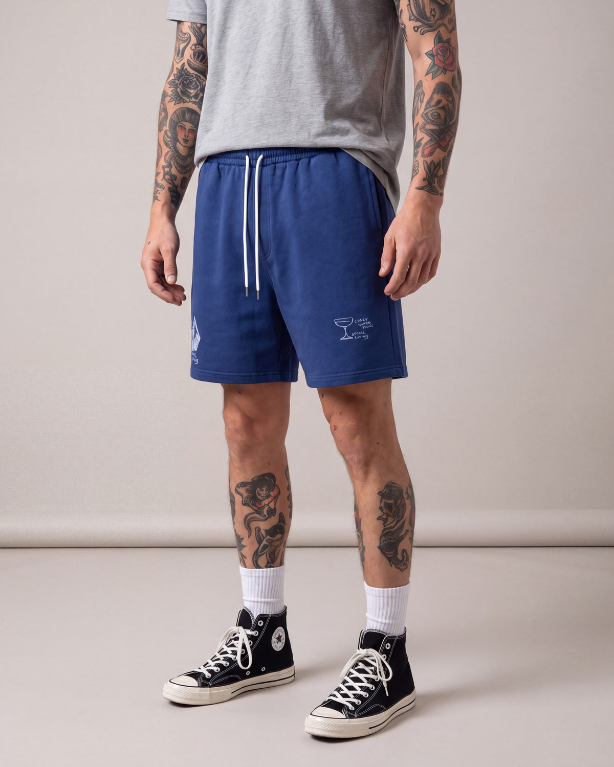 Coney Island Picnic Social Living Sweat Shorts — Blue — model side