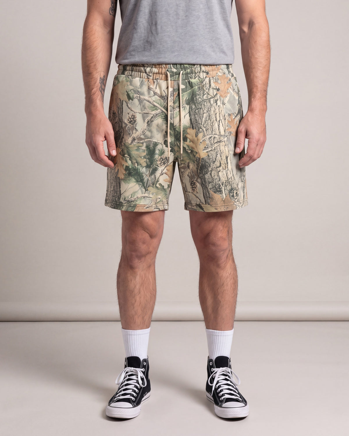 Cotton Collective Wood Camo Shorts — Khaki — model front