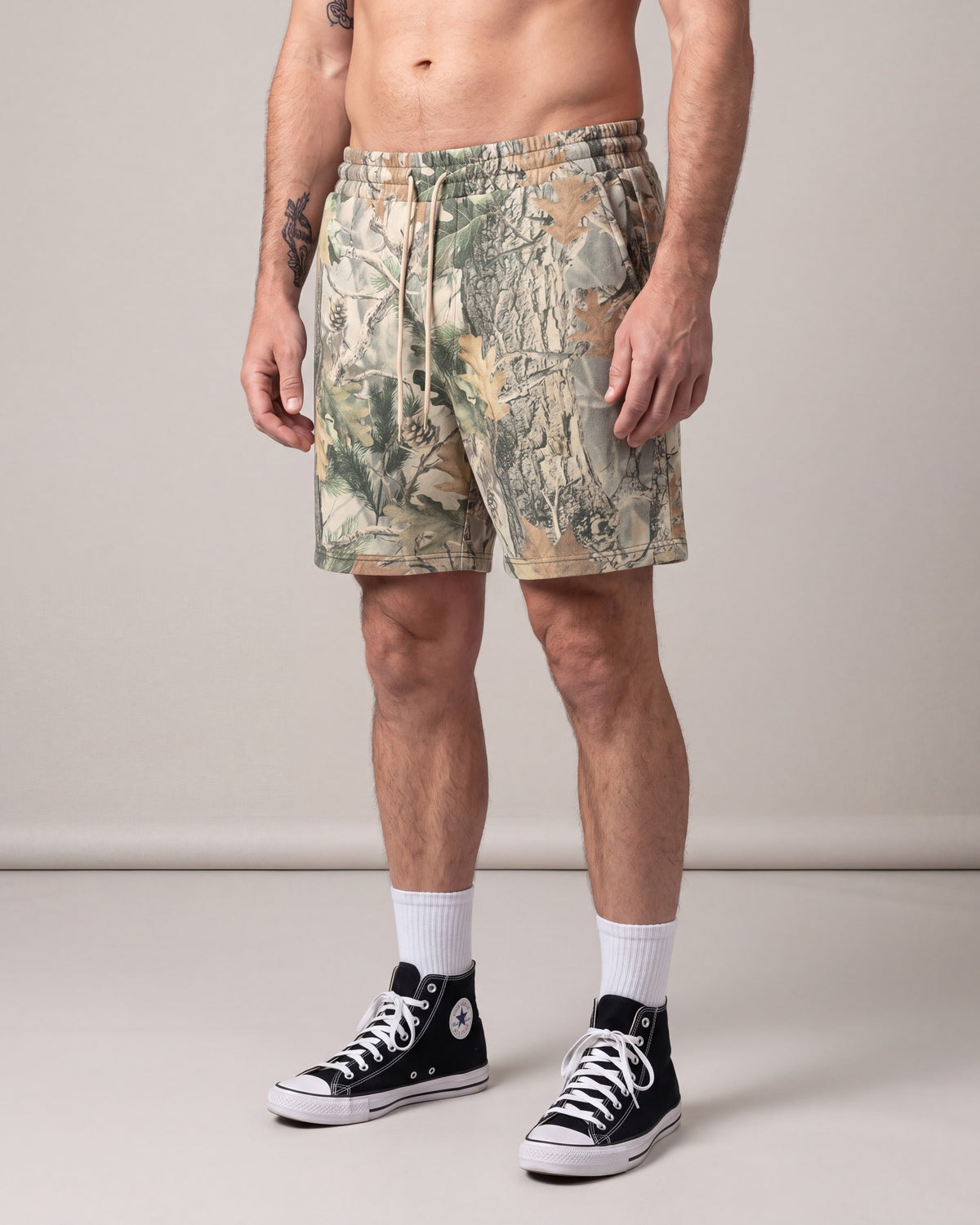Cotton Collective Wood Camo Shorts — Khaki — model side