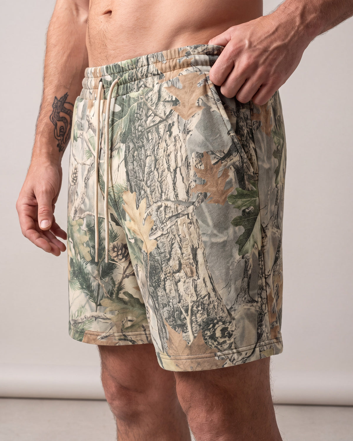 Cotton Collective Wood Camo Shorts — Khaki — model detail