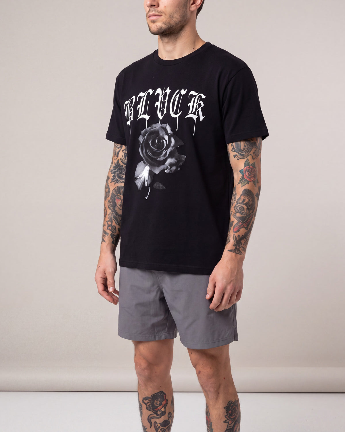 Black Scale Arch Rose SS tees — Black — model side