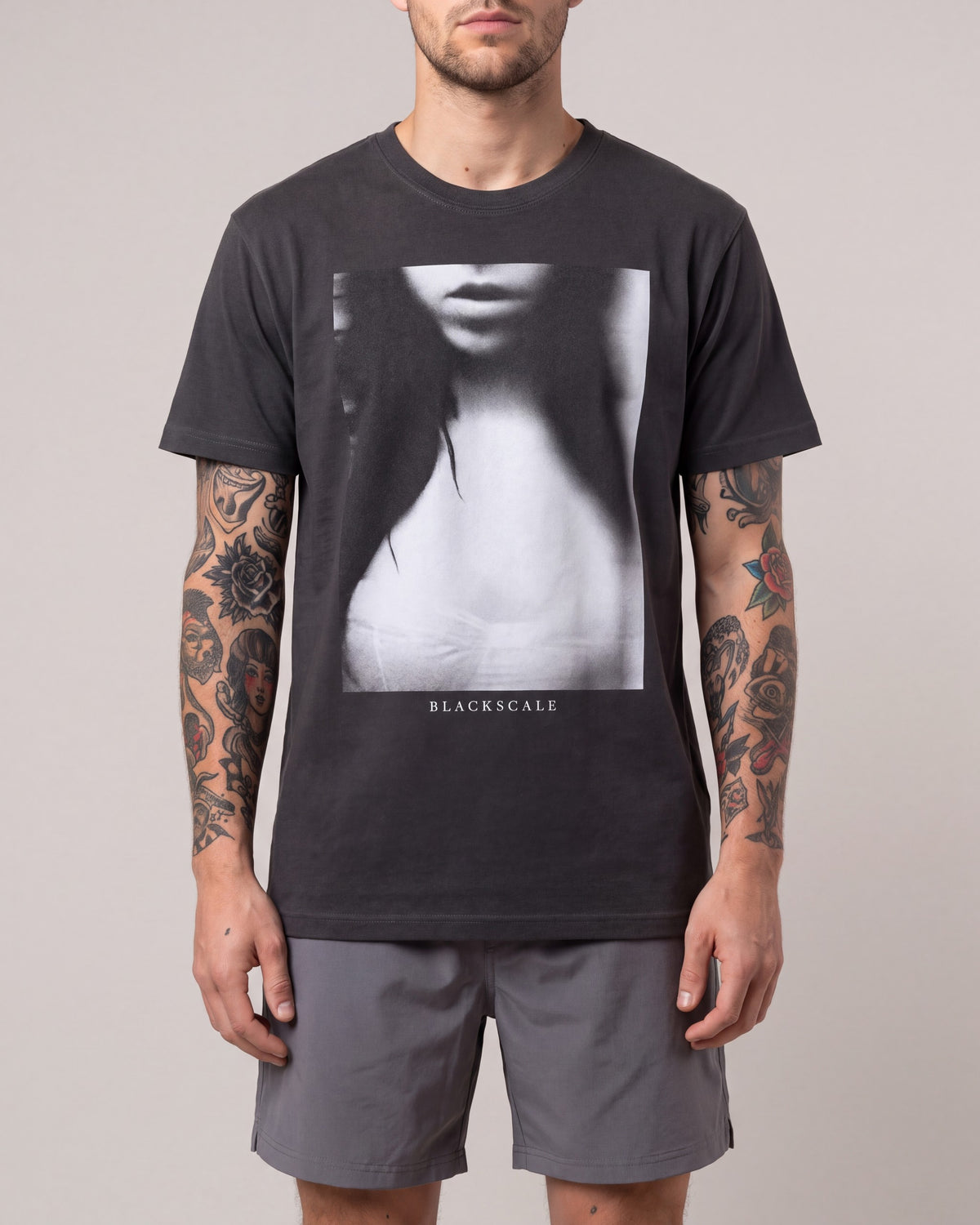 Black Scale Girl SS tees — Charcoal — model front