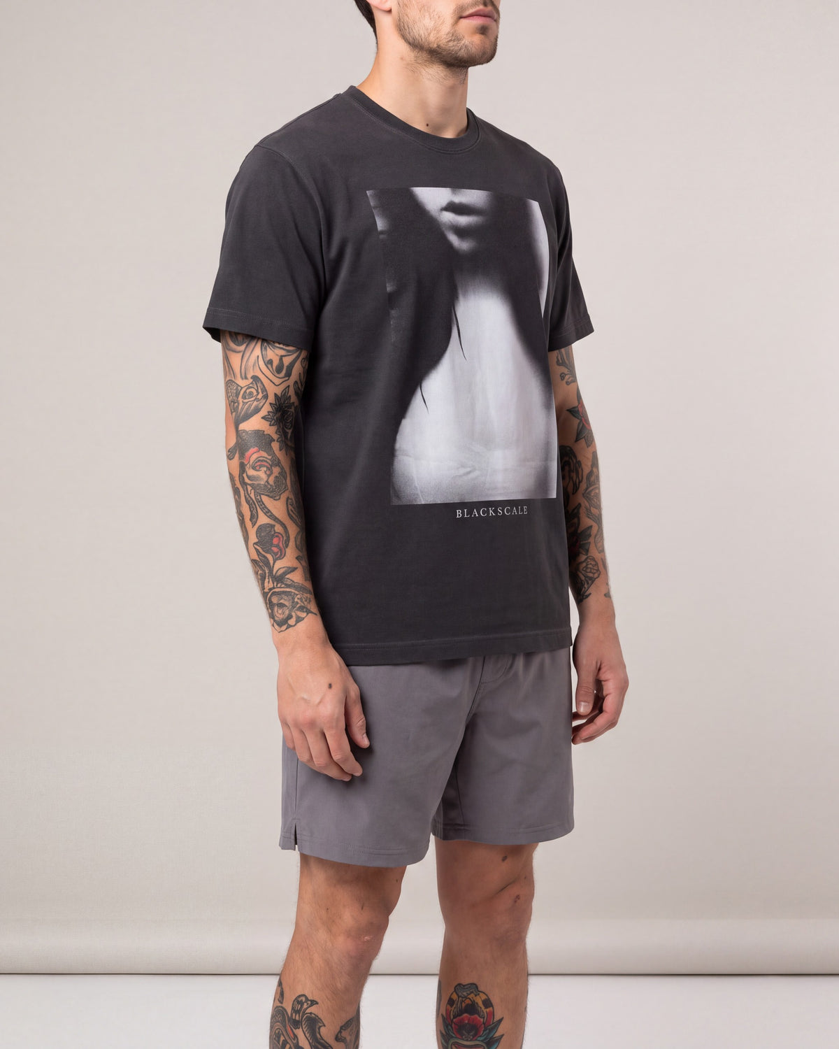 Black Scale Girl SS tees — Charcoal — model side