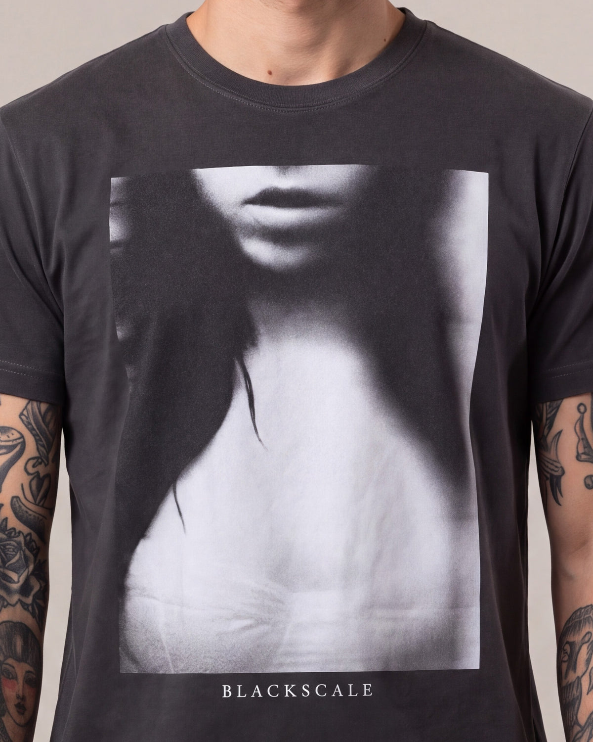 Black Scale Girl SS tees — Charcoal — model detail