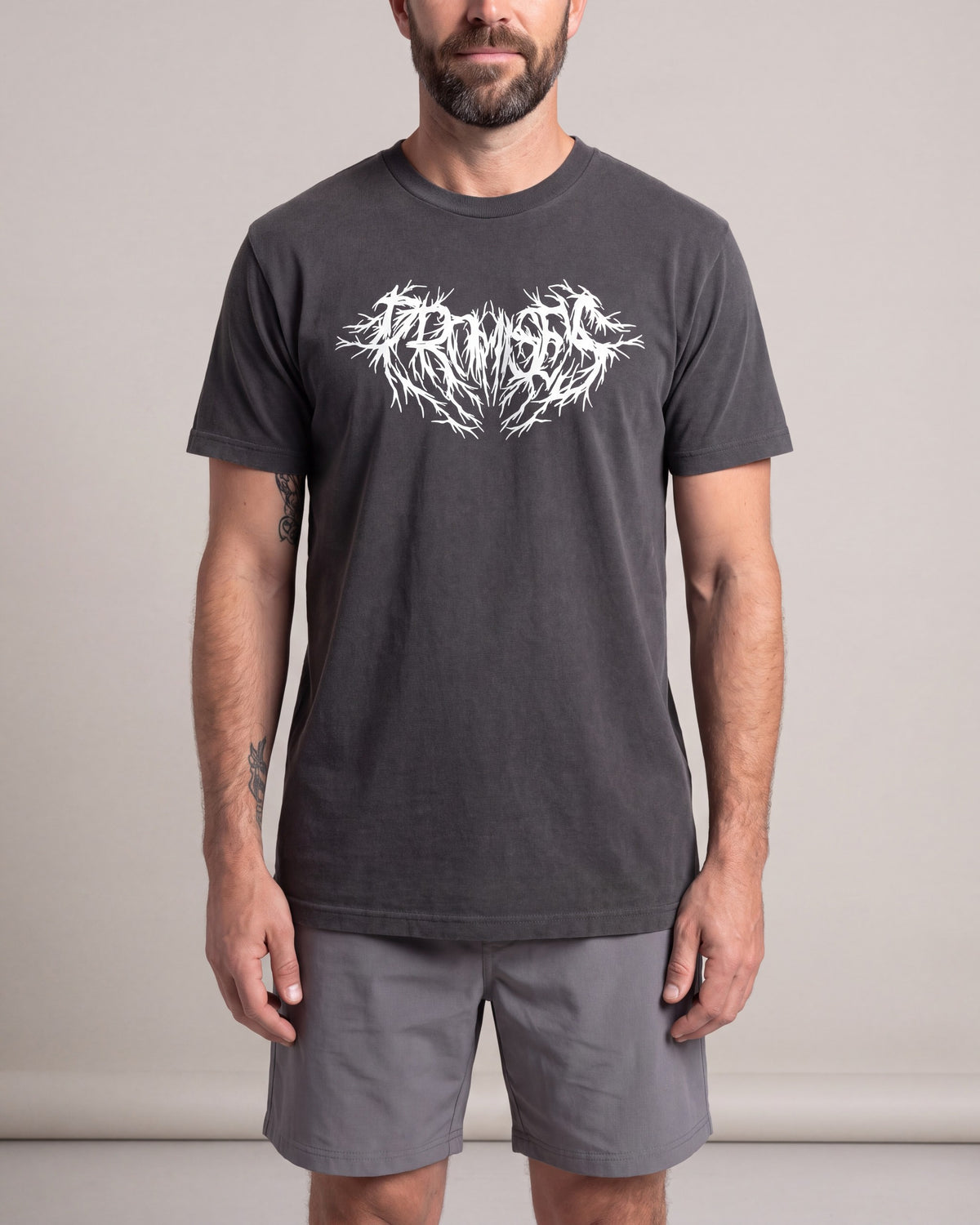 Broken Promises Privilege SS tees — Charcoal — model front