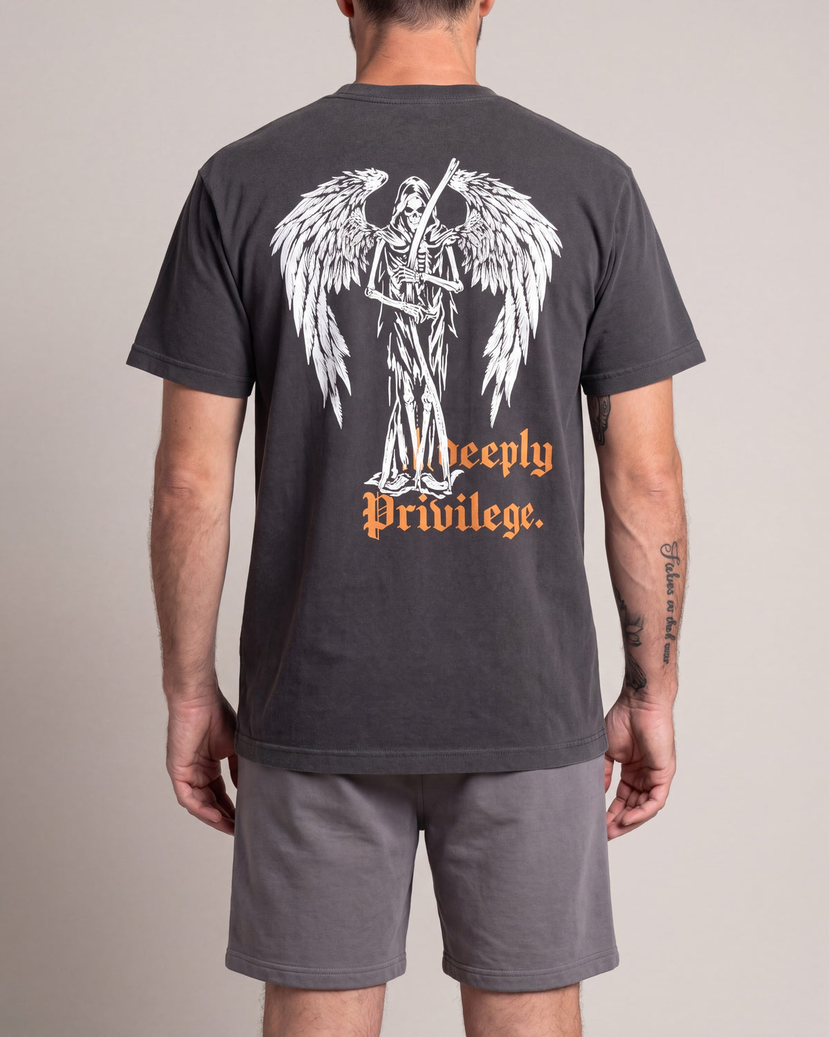 Broken Promises Privilege SS tees — Charcoal — model back