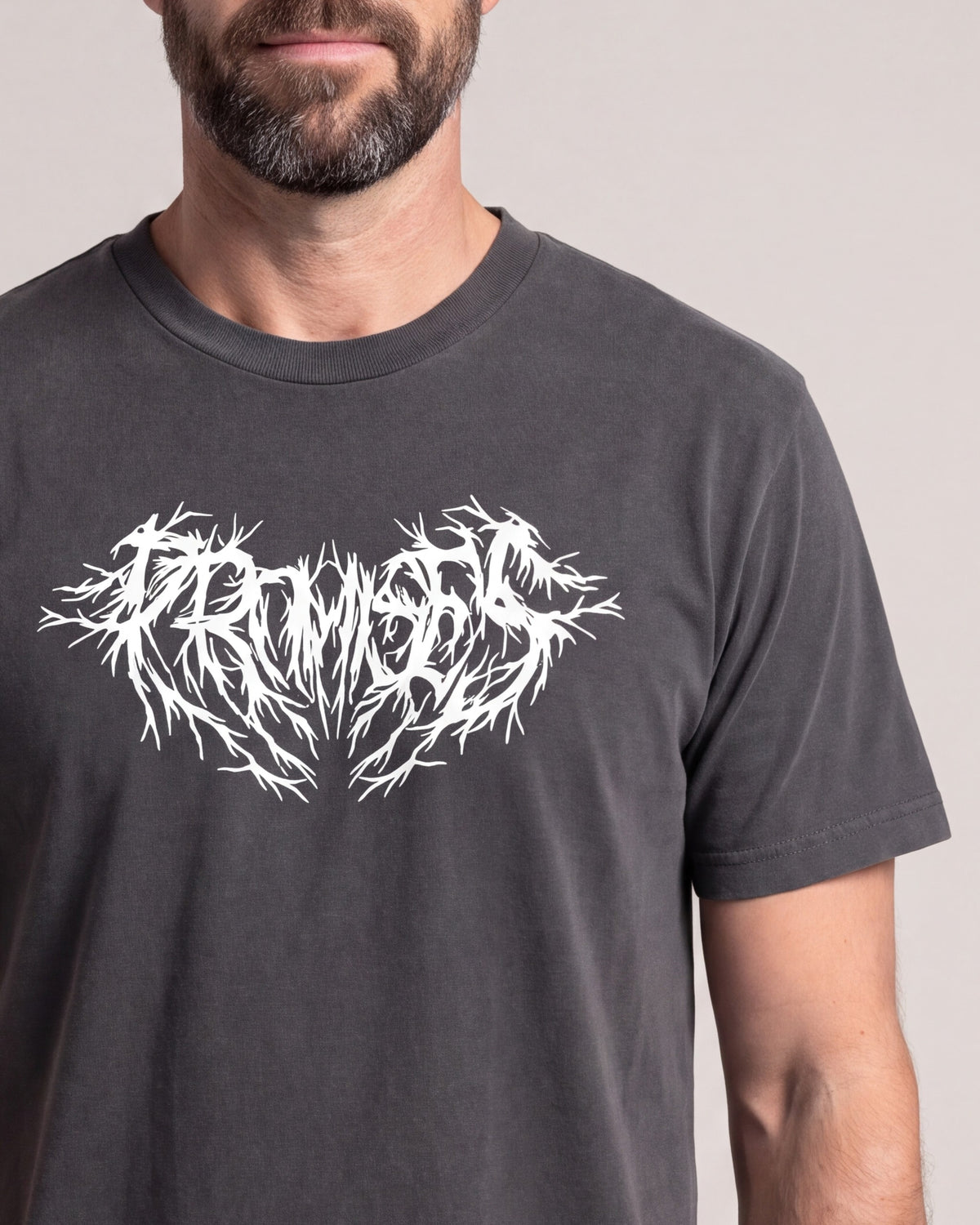 Broken Promises Privilege SS tees — Charcoal — model detail