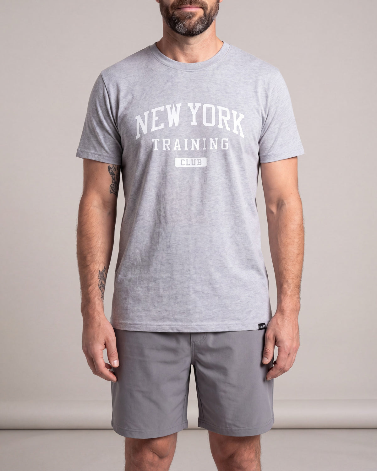 Crisp NY Training Club SS tees — Grey/White — model front