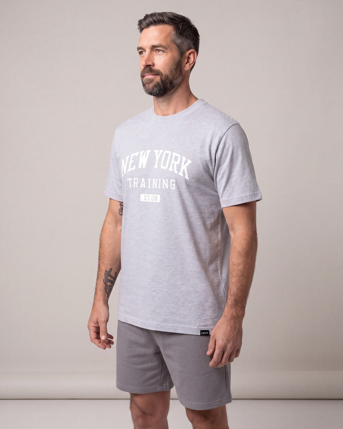 Crisp NY Training Club SS tees — Grey/White — model side