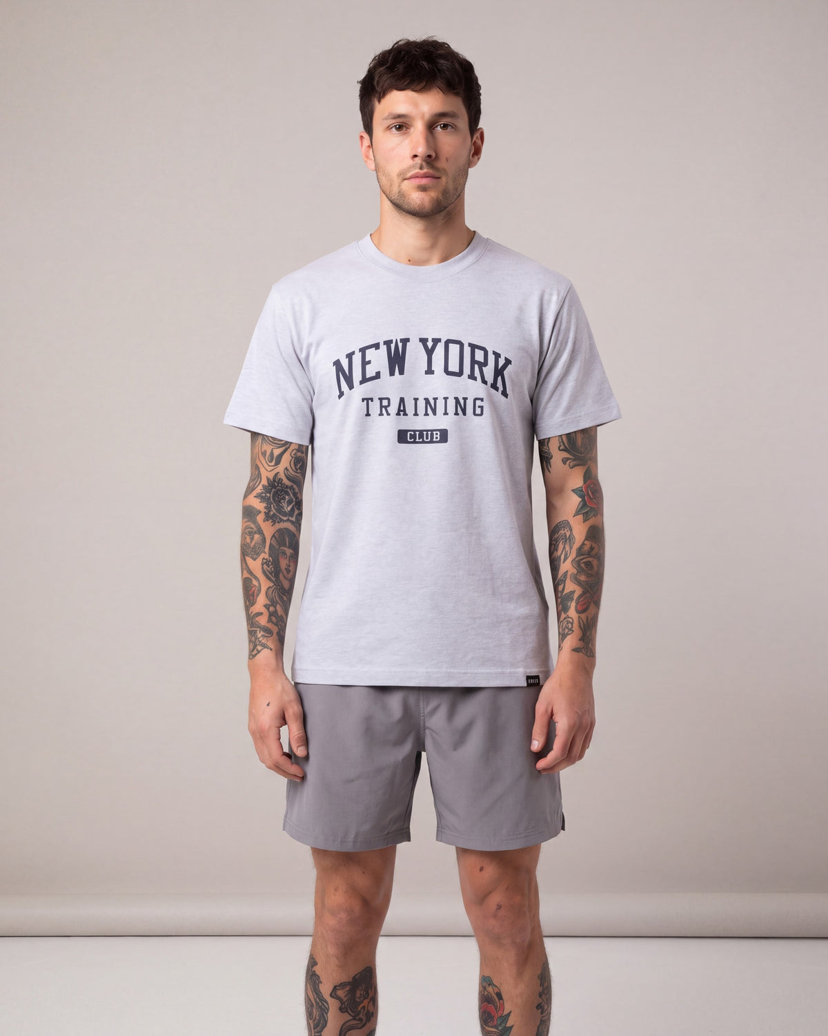 Crisp NY Training Club SS tees — Grey/Navy — model front