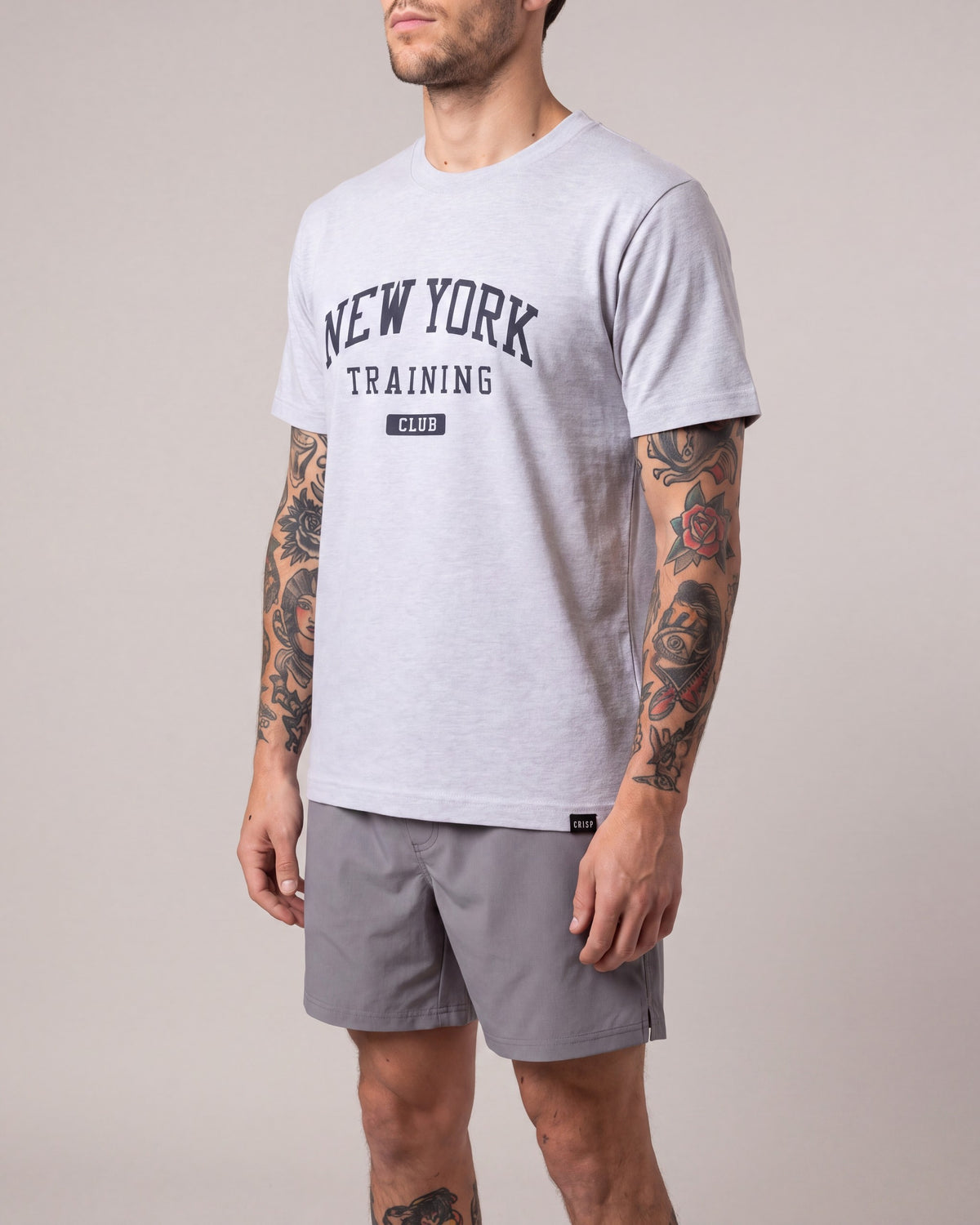 Crisp NY Training Club SS tees — Grey/Navy — model side