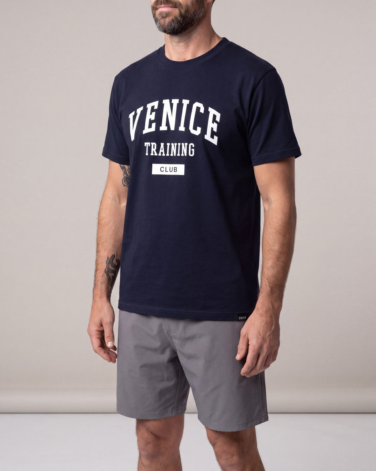 Crisp Venice Training Club SS tees — Navy — model side